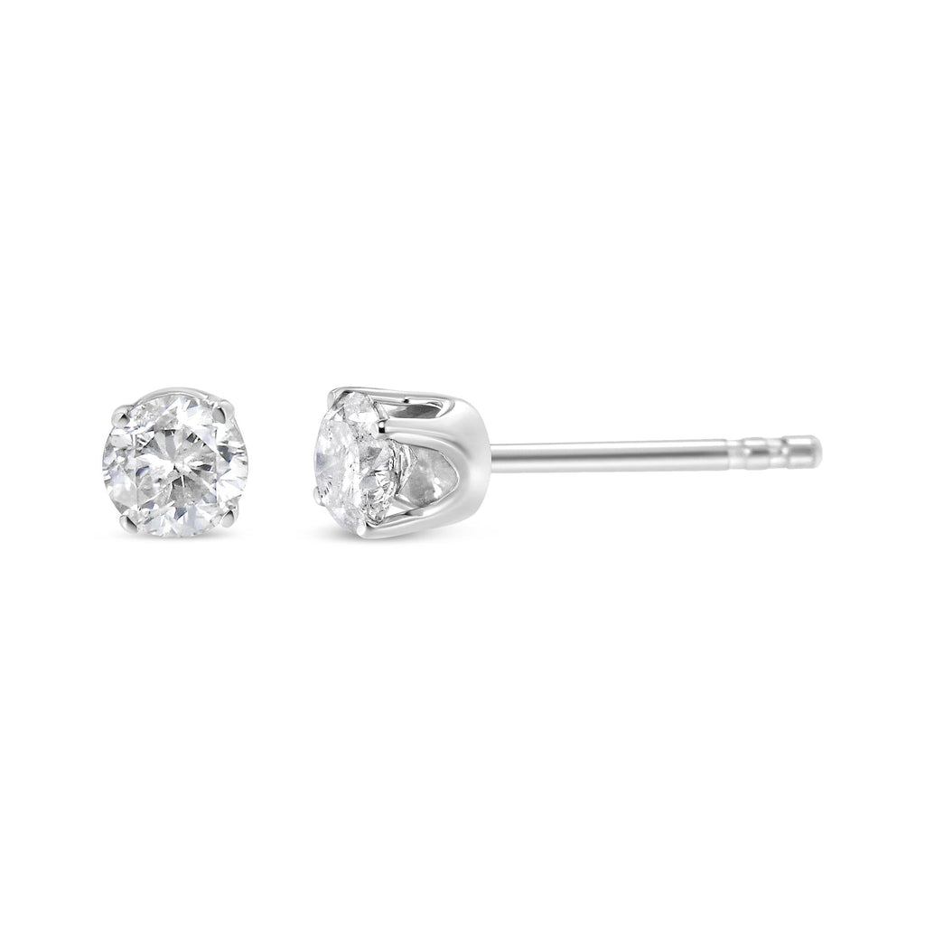 Aretes de botón con cierre a presión y diamante solitario de talla redonda brillante engastado en 4 puntas, en oro blanco de 14 quilates con certificación AGS (color GH, claridad I1-I2) - Friggin Jewelry
