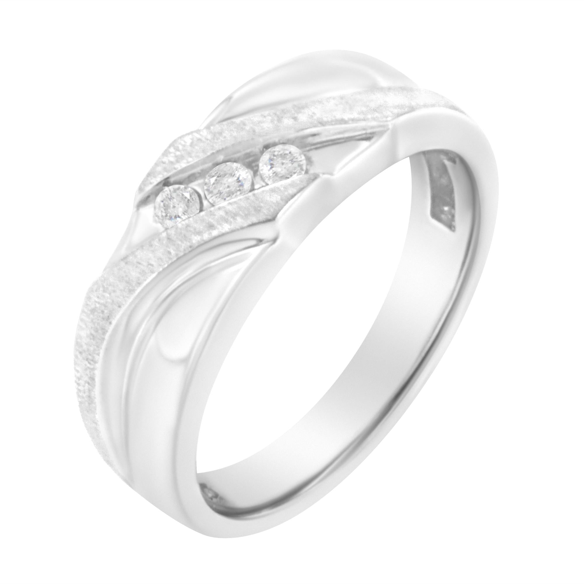10K White Gold 1/10 Cttw Diamond Men's Three Stone Channel Set Diamond Wedding Ring (I-J Color, I1-I2 Clarity) - Friggin Jewelry