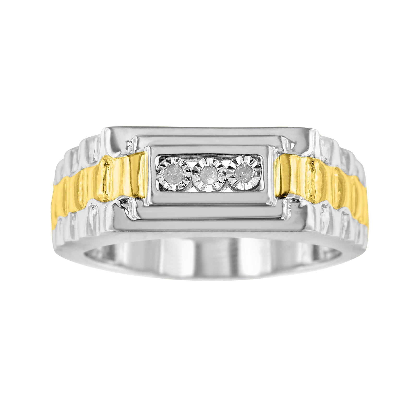 10K Yellow Gold Plated .925 Sterling Silver Diamond Accent Miracle-Set 3 Stone Ridged Band Gentlemen's Fashion Ring (I-J Color, I2-I3 Clarity) - Friggin Jewelry