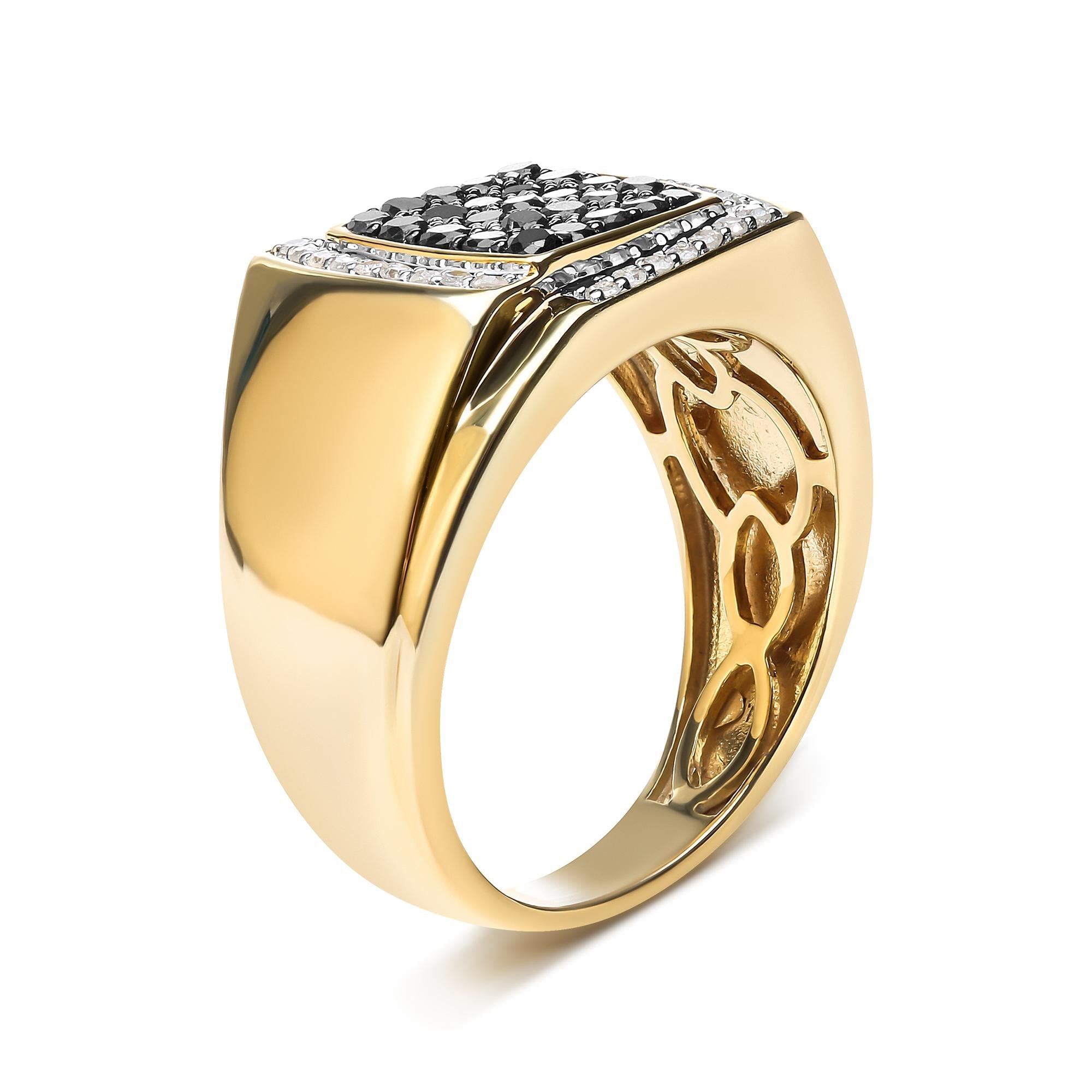 Men's 10K Yellow Gold 1.00 Cttw Cushion Cluster Black and White Diamond Statement Ring (I-J Color, I2-I3 Clarity) - Friggin Jewelry