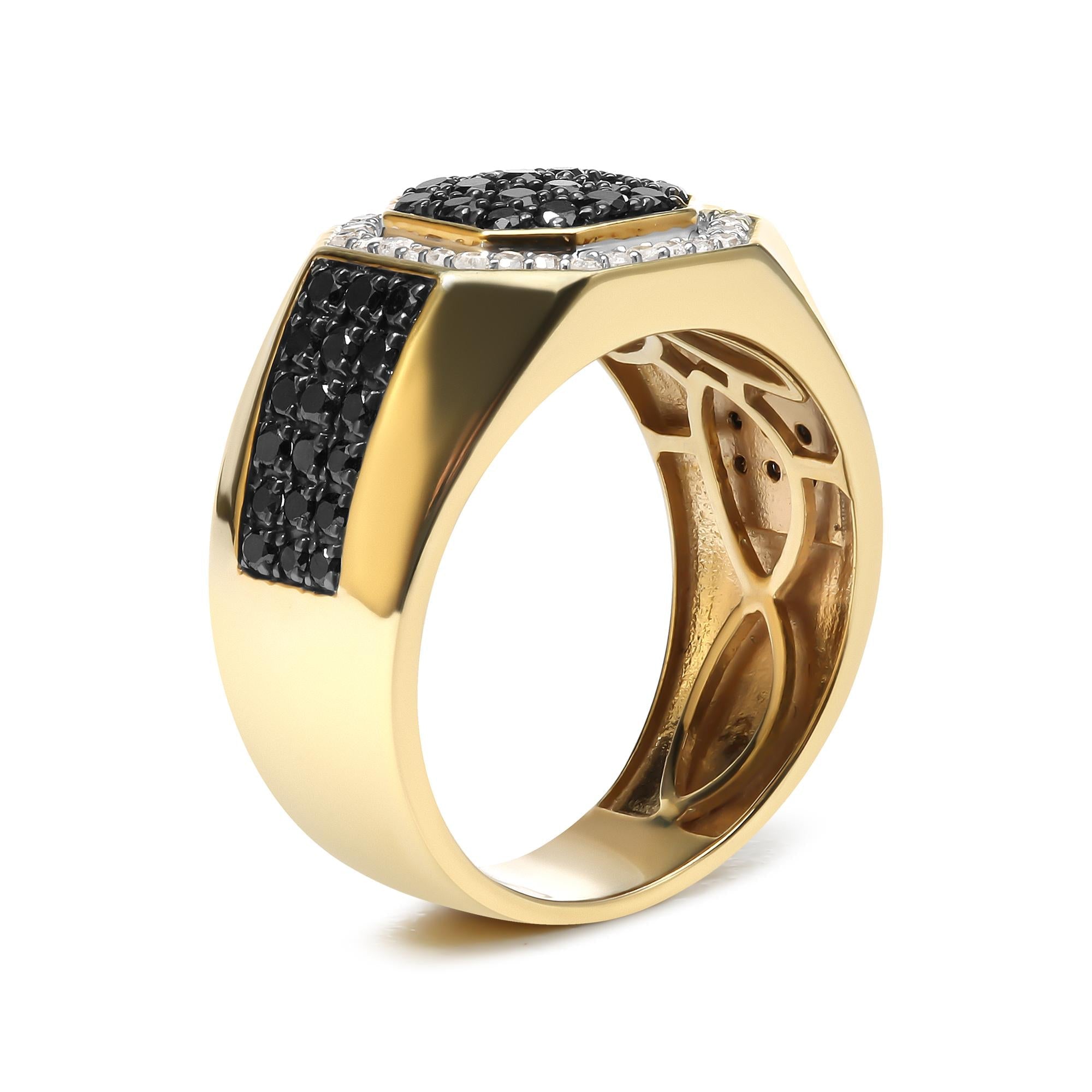 Men's 10K Yellow Gold 1 1/4 Cttw White and Treated Black Diamond Octagonal Halo Band Ring (I-J Color, I2-I3 Clarity) - Friggin Jewelry