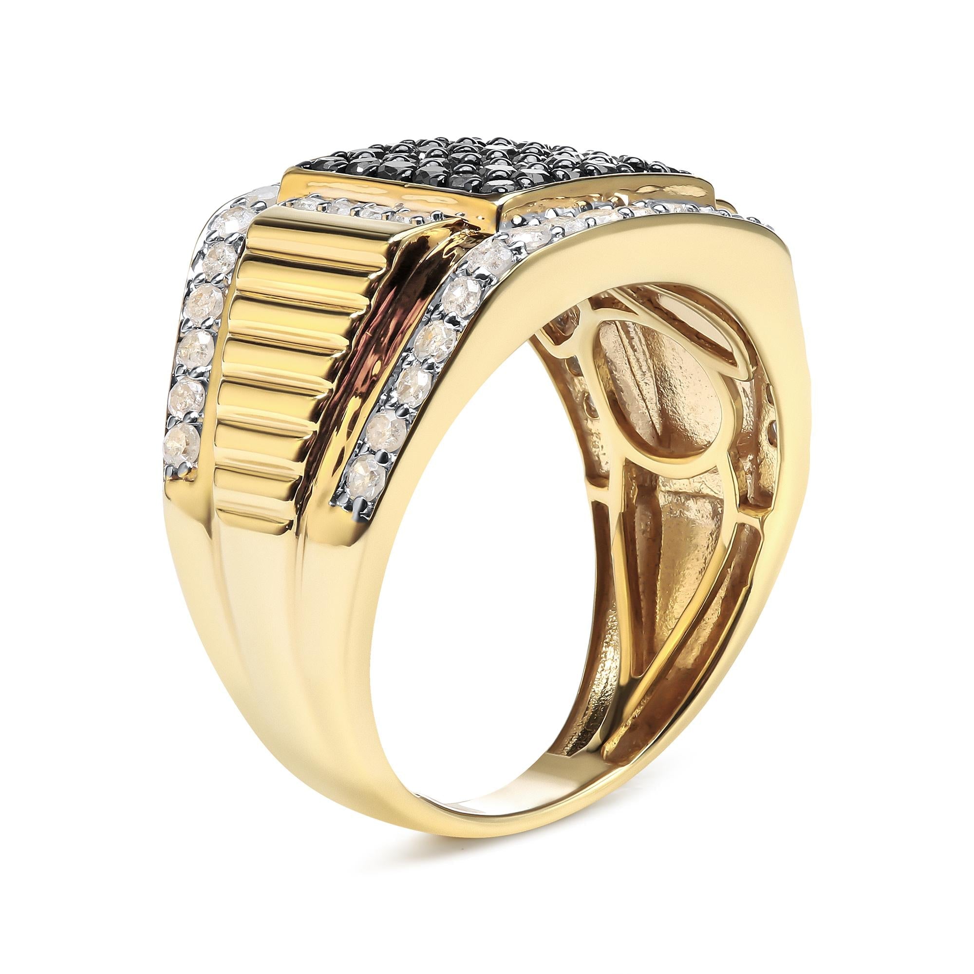 Men's 14K Yellow Gold Plated .925 Sterling Silver 1 1/2 Cttw White and Black Treated Diamond Cluster Ring (Black / I-J Color, I2-I3 Clarity) - Friggin Jewelry