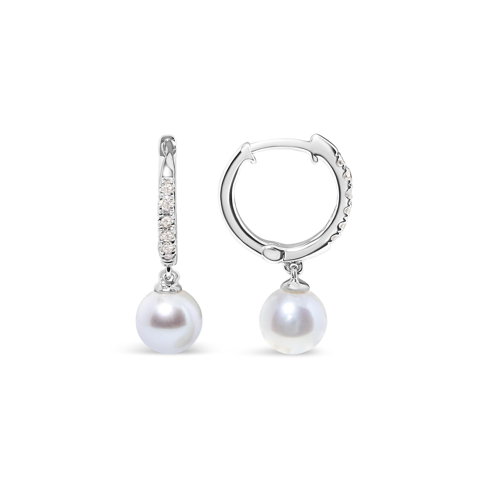 10K White Gold 6x6 MM Cultured Freshwater Pearl and Diamond Accent Drop Huggie Earring (H-I Color, I1-I2 Clarity) - Friggin Jewelry