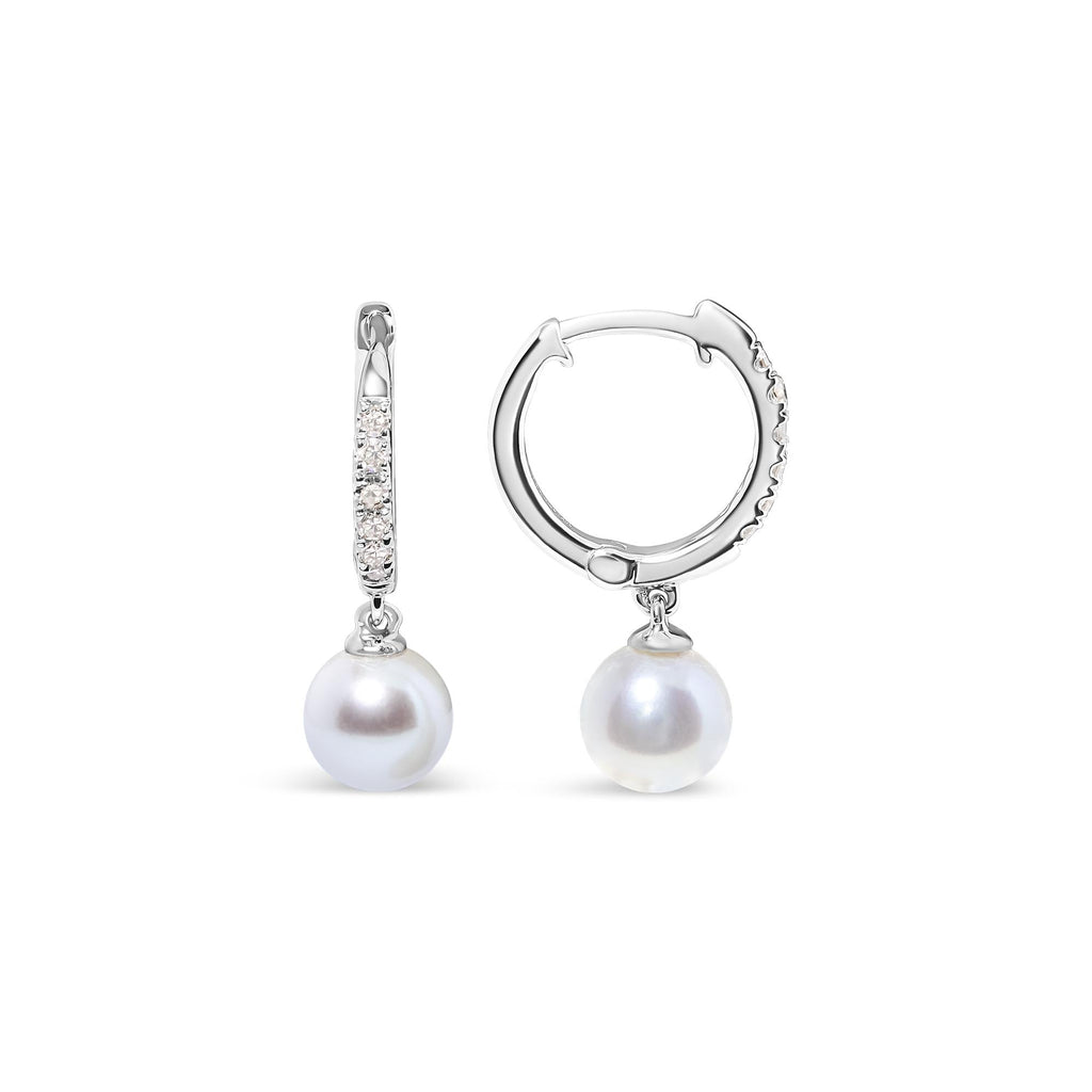 10K White Gold 6x6 MM Cultured Freshwater Pearl and Diamond Accent Drop Huggy Earring (H-I Color, I1-I2 Clarity) - Friggin Jewelry