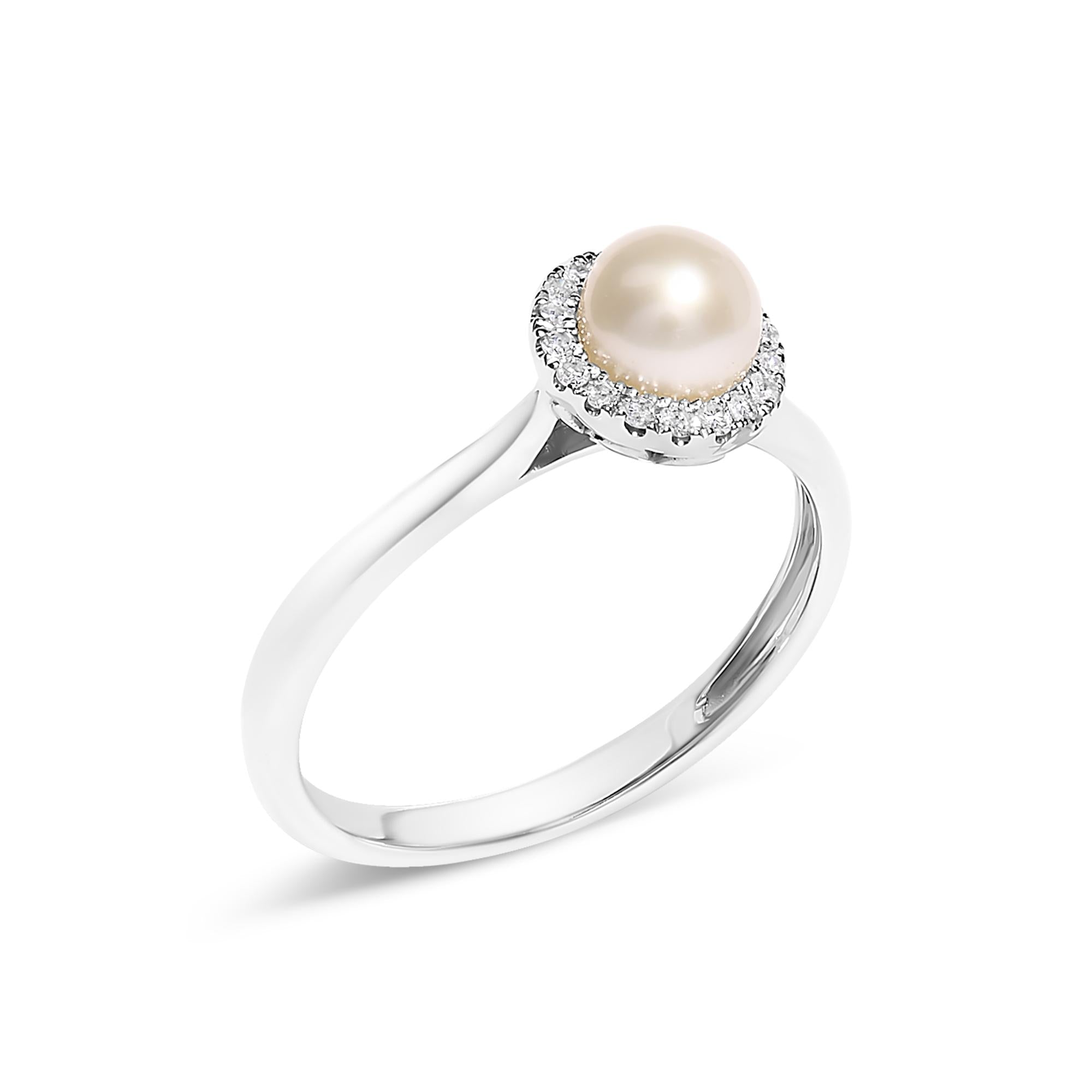 10K White Gold 5MM Cultured Freshwater Pearl  and Diamond Halo Ring (I-J Color, I1-I2 Clarity) - Friggin Jewelry
