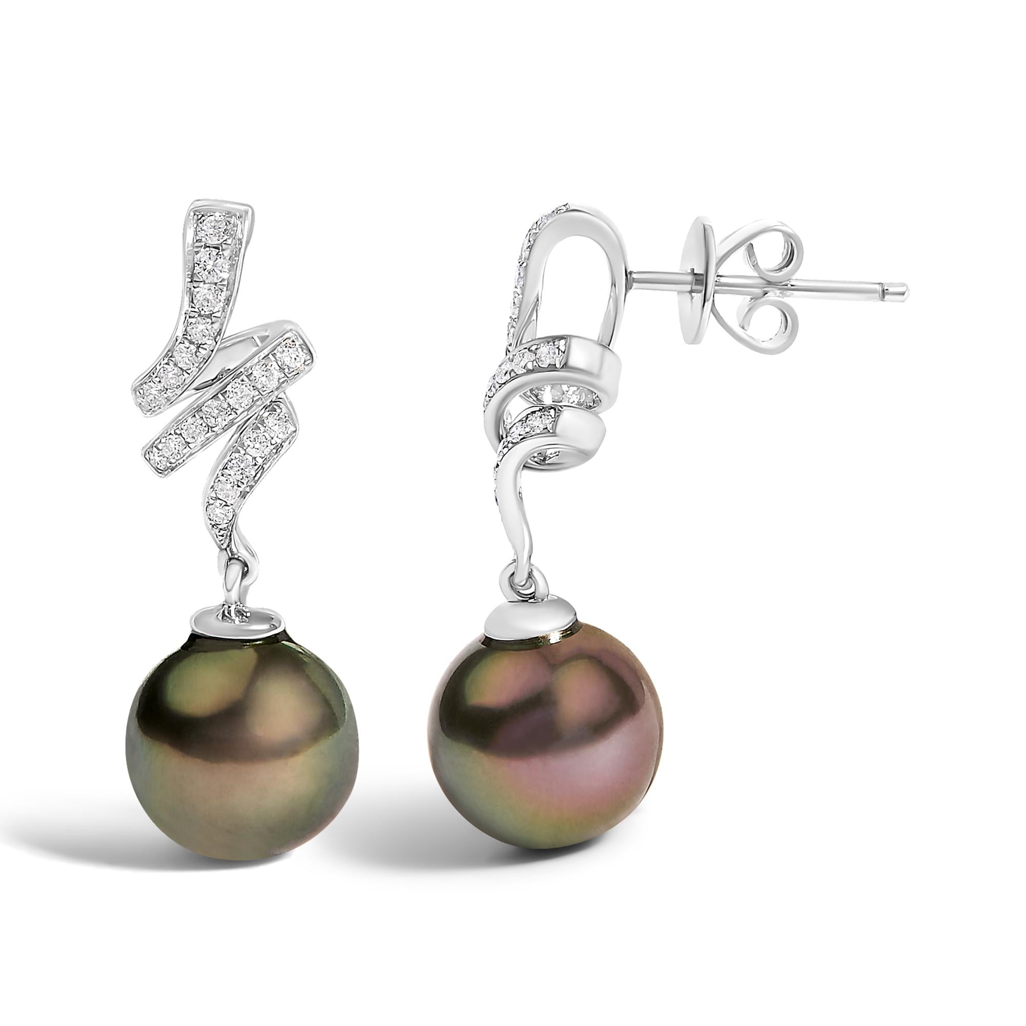 14K White Gold 9MM Cultured Black Pearl and Diamond Accent Drop and Dangle Earrings (I-J Color, SI1-SI2 Clarity) - Friggin Jewelry