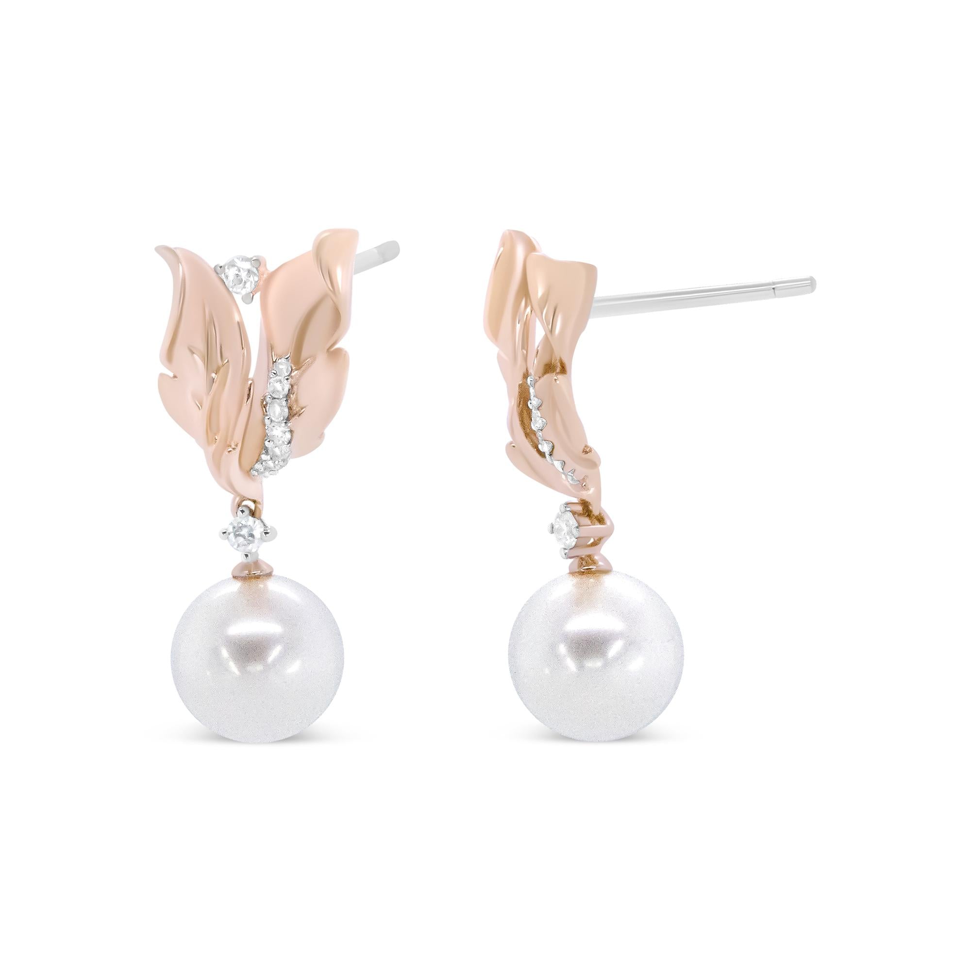 14K Rose Gold 1/6 Cttw Round Diamond and 8mm Round Pearl Floral Drop Stud Earrings (H-I Color, I1-I2 Clarity) - Friggin Jewelry