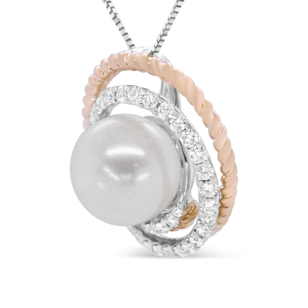 14K Rose and White Gold 3/8 Cttw Pave Diamond and 9mm Round Pearl Spiral Openwork 18" Pendant Necklace- (H-I Color, VS1-VS2 Clarity) - Friggin Jewelry Premium