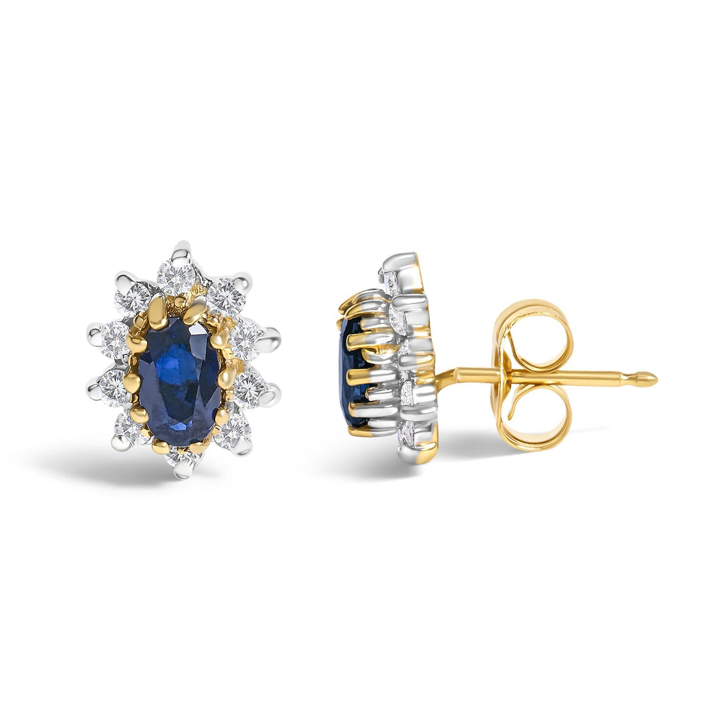 14K Yellow Gold 1/4 Cttw Diamond and Blue Sapphire Sunburst Halo Stud Earrings (K-L Color, I1-I2 Clarity) - Friggin Jewelry