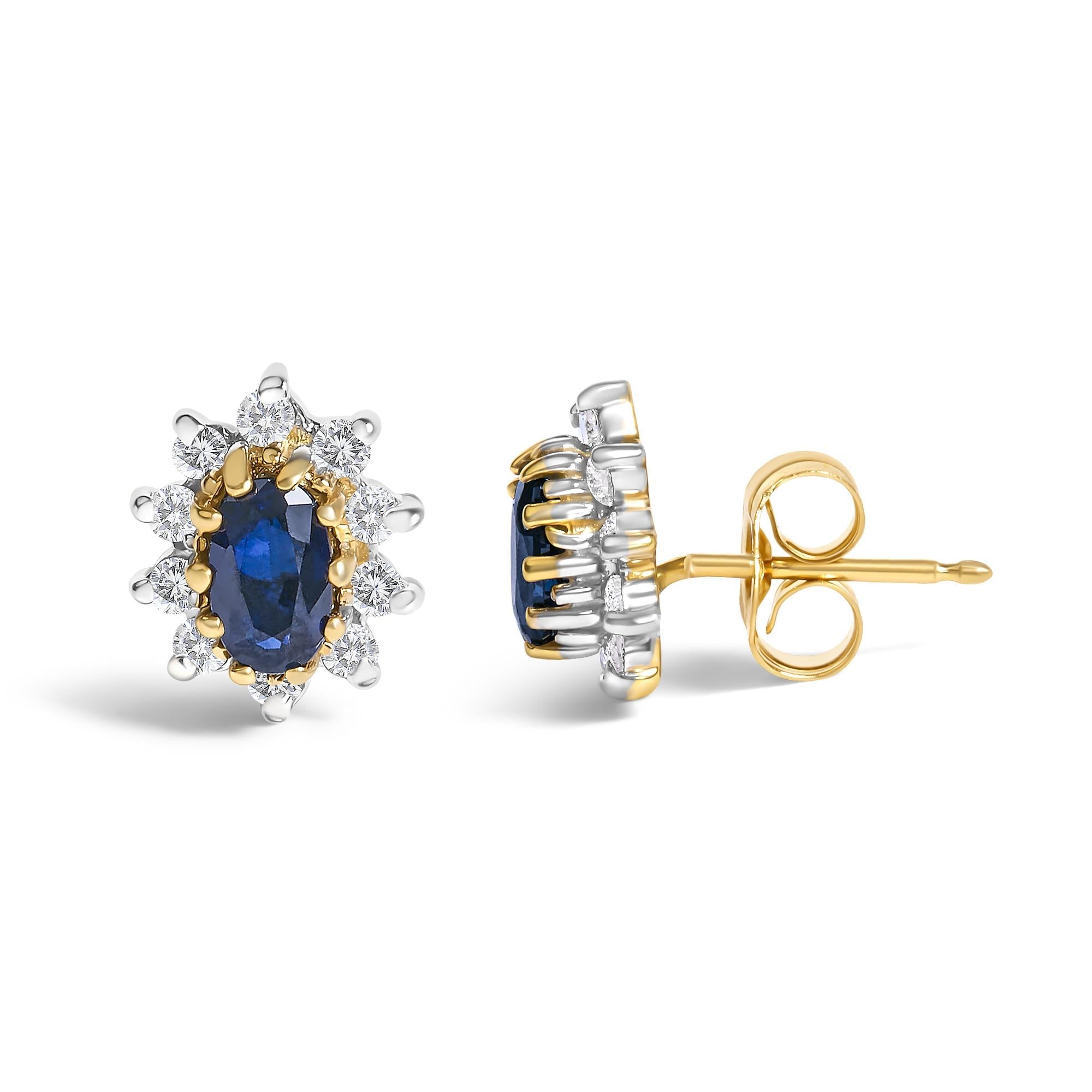 14K Yellow Gold 1/4 Cttw Diamond and Blue Sapphire Sunburst Halo Stud Earrings (K-L Color, I1-I2 Clarity) - Friggin Jewelry