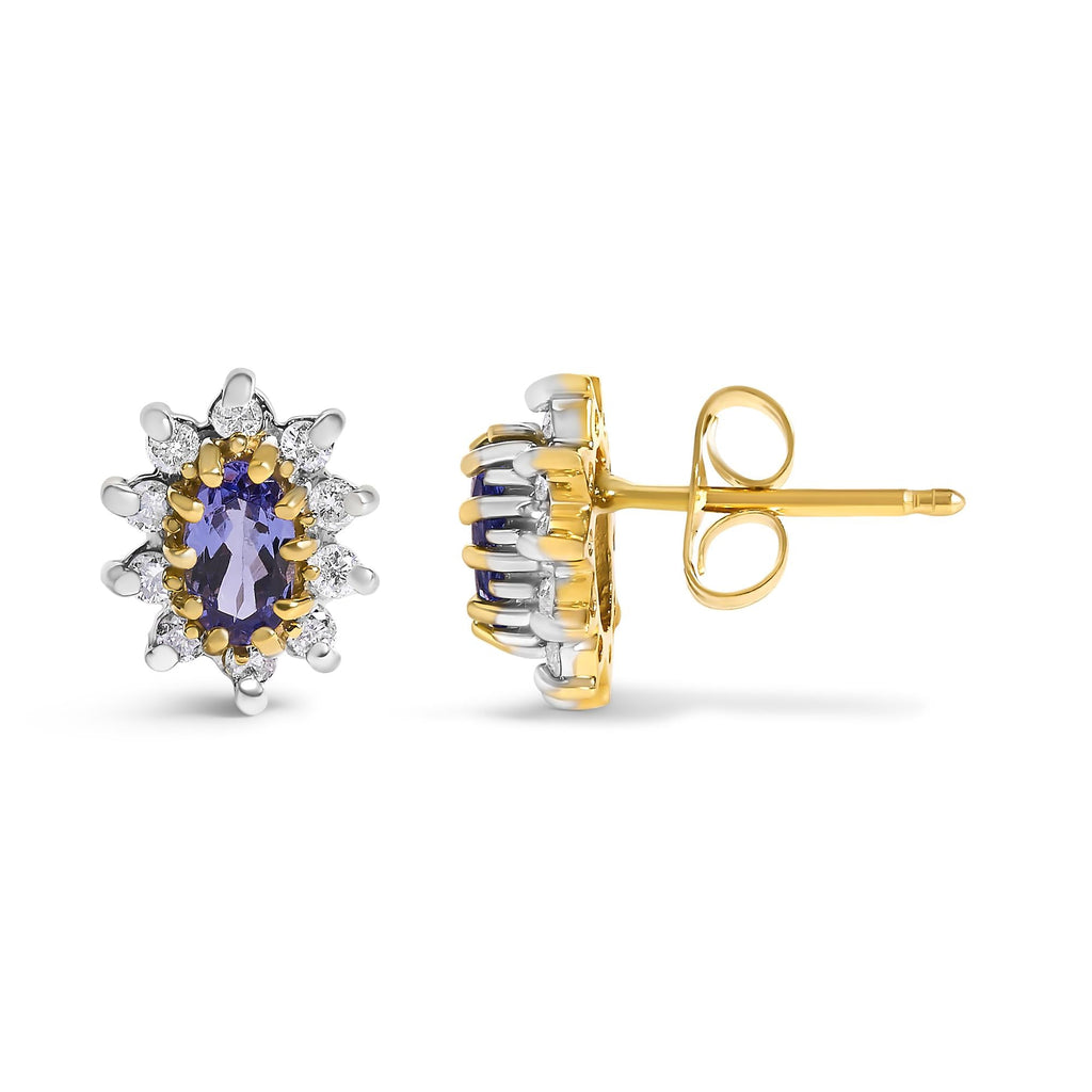 Aretes tipo botón en oro amarillo de 14 quilates con halo de tanzanita azul violeta y diamantes de 1/4 quilates (color KL, claridad I1-I2) - Friggin Jewelry