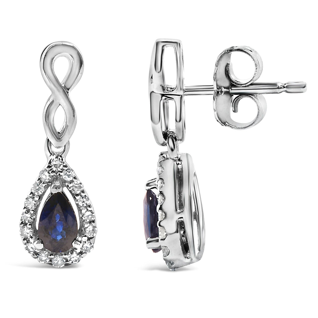 Pendientes colgantes con forma de infinito en oro blanco de 10 quilates con zafiro azul talla pera y diamantes de 1/7 quilates (color IJ, claridad I1-I2) - Friggin Jewelry