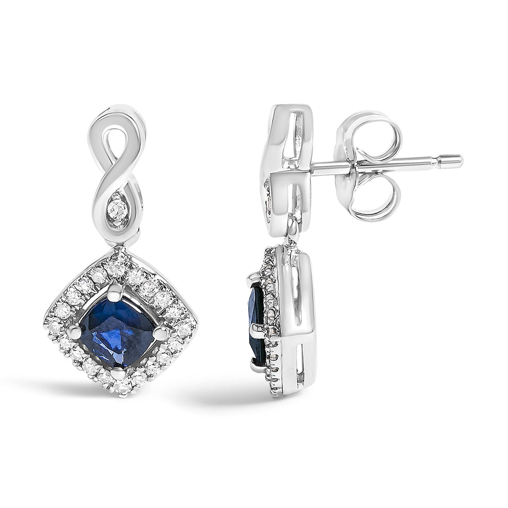 10K White Gold Blue  Sapphire and Diamond Halo Cushion Shaped Drop Earrings (I-J Color, I1-I2 Clarity) - Friggin Jewelry