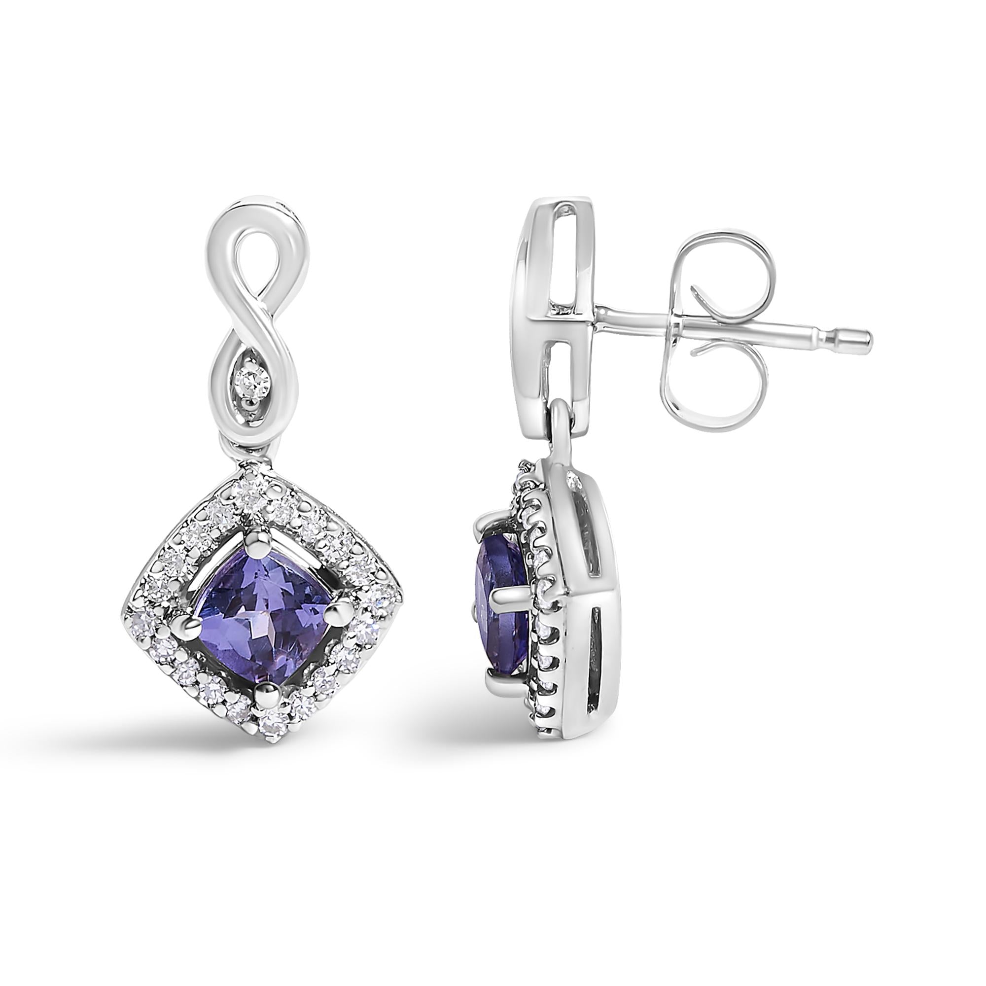 10K White Gold Blue Purple Tanzanite and Diamond Halo Cushion Shaped Drop Earrings (I-J Color, I1-I2 Clarity) - Friggin Jewelry