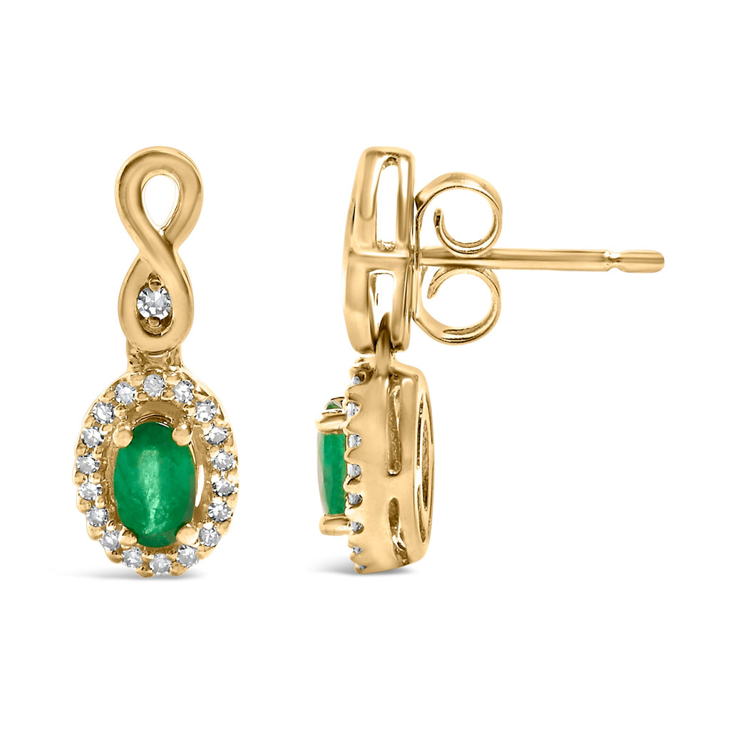 10K Yellow Gold Oval Cut Green Emerald 5x3 mm and 1/7 Cttw Round Diamond Dangle Earrings - Friggin Jewelry