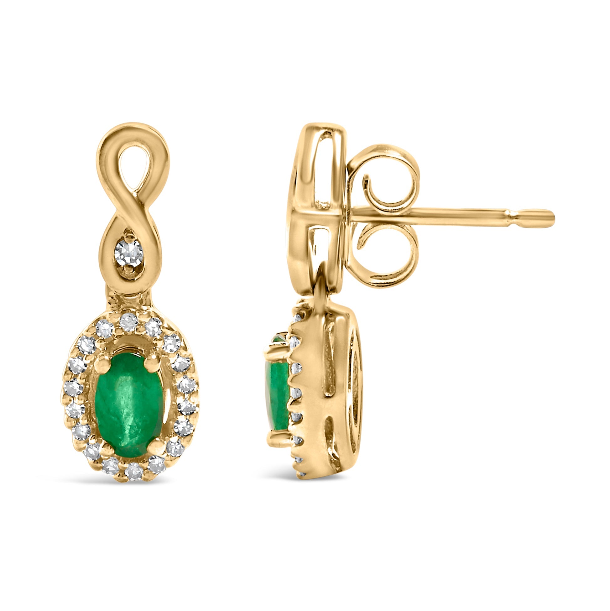 Pendientes colgantes de oro amarillo de 10 quilates con esmeralda verde de corte ovalado de 5 x 3 mm y diamantes redondos de 1/7 quilates - Friggin Jewelry