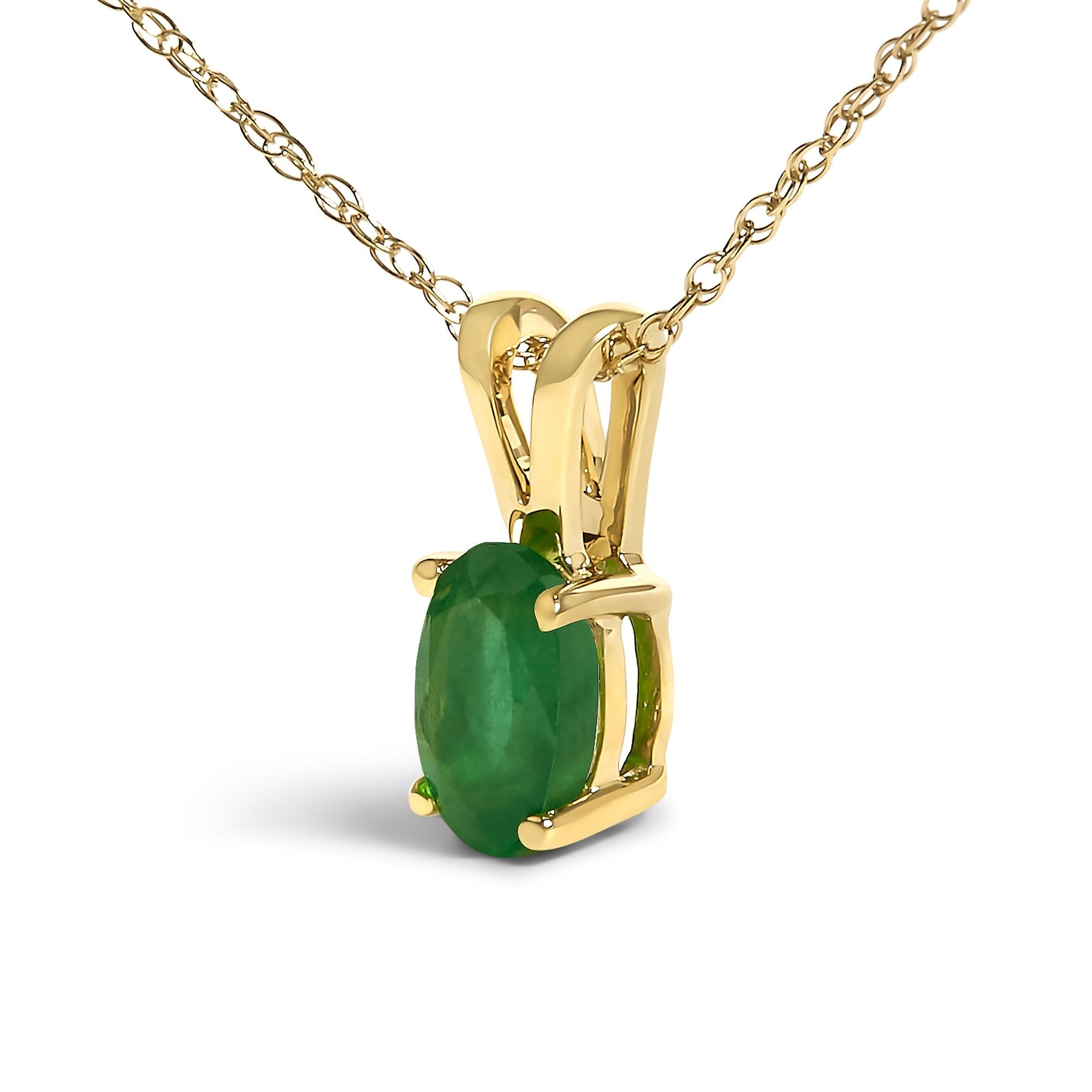 14K Yellow Gold Oval Green Emerald Solitaire Pendant Necklace - 18" Inches - Friggin Jewelry