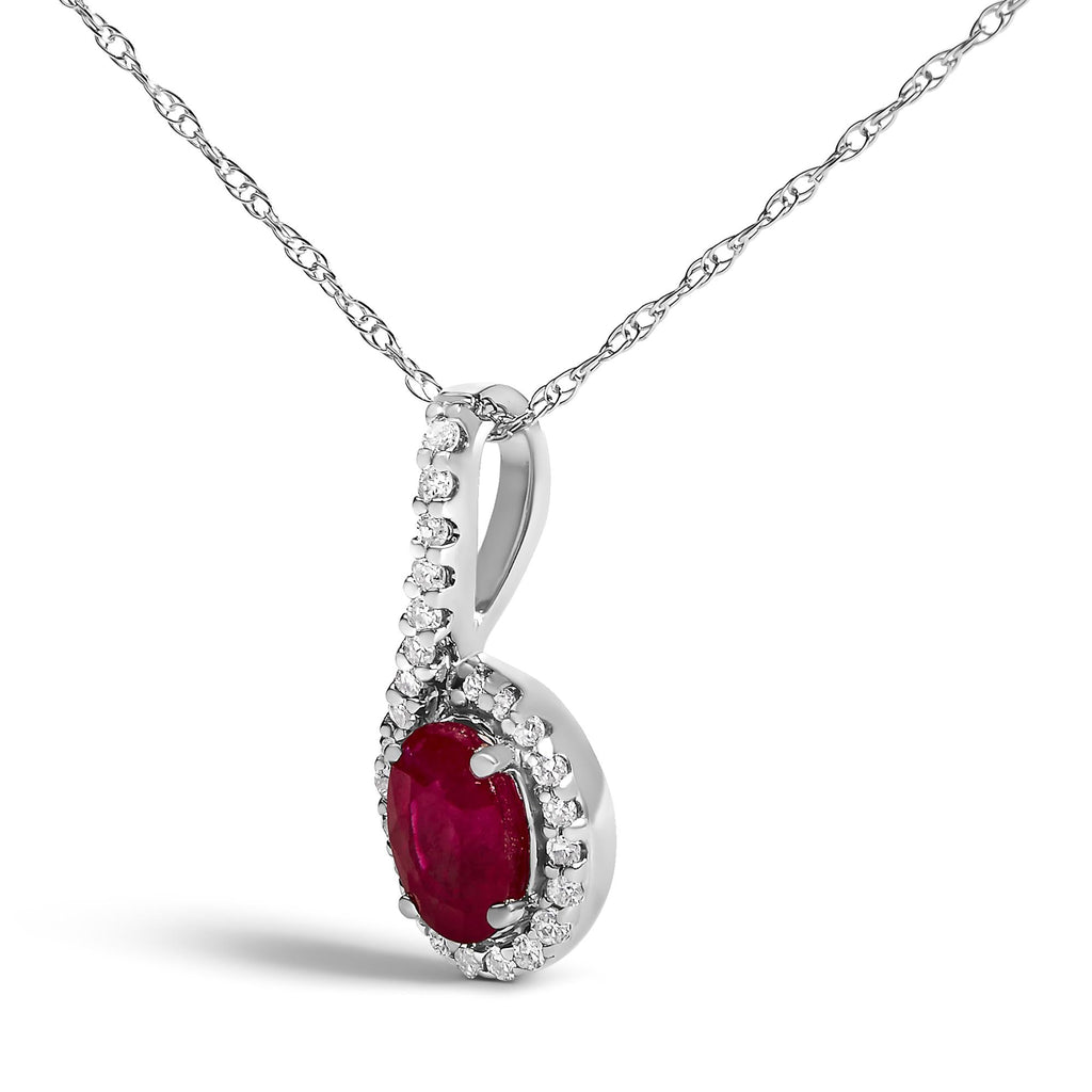 Collar con colgante en forma de lágrima de oro blanco de 10 quilates con rubí rojo y detalles de diamantes - 45,7 cm - Friggin Jewelry