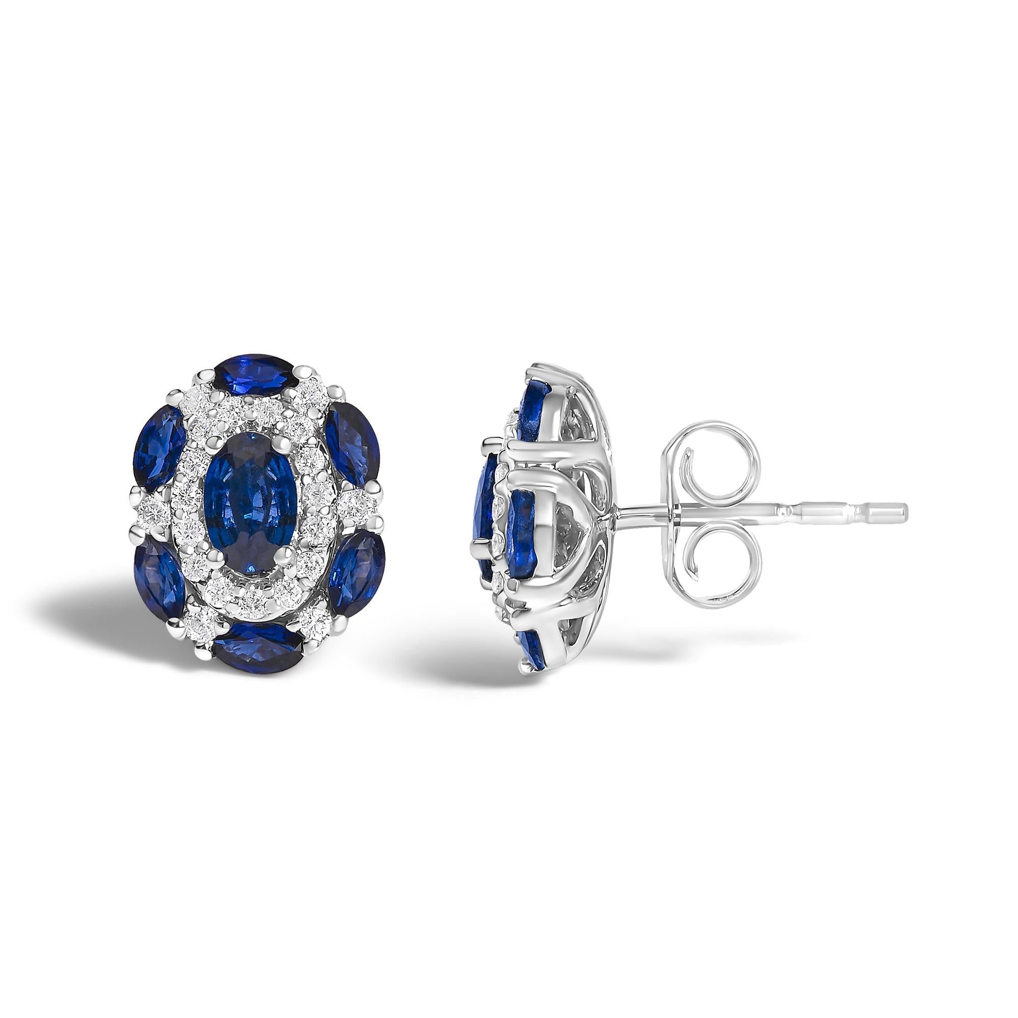 Orecchini a bottone in stile vintage in oro bianco 14 carati con zaffiri blu e diamanti (colore GH, purezza SI2-I1) - Friggin Jewelry