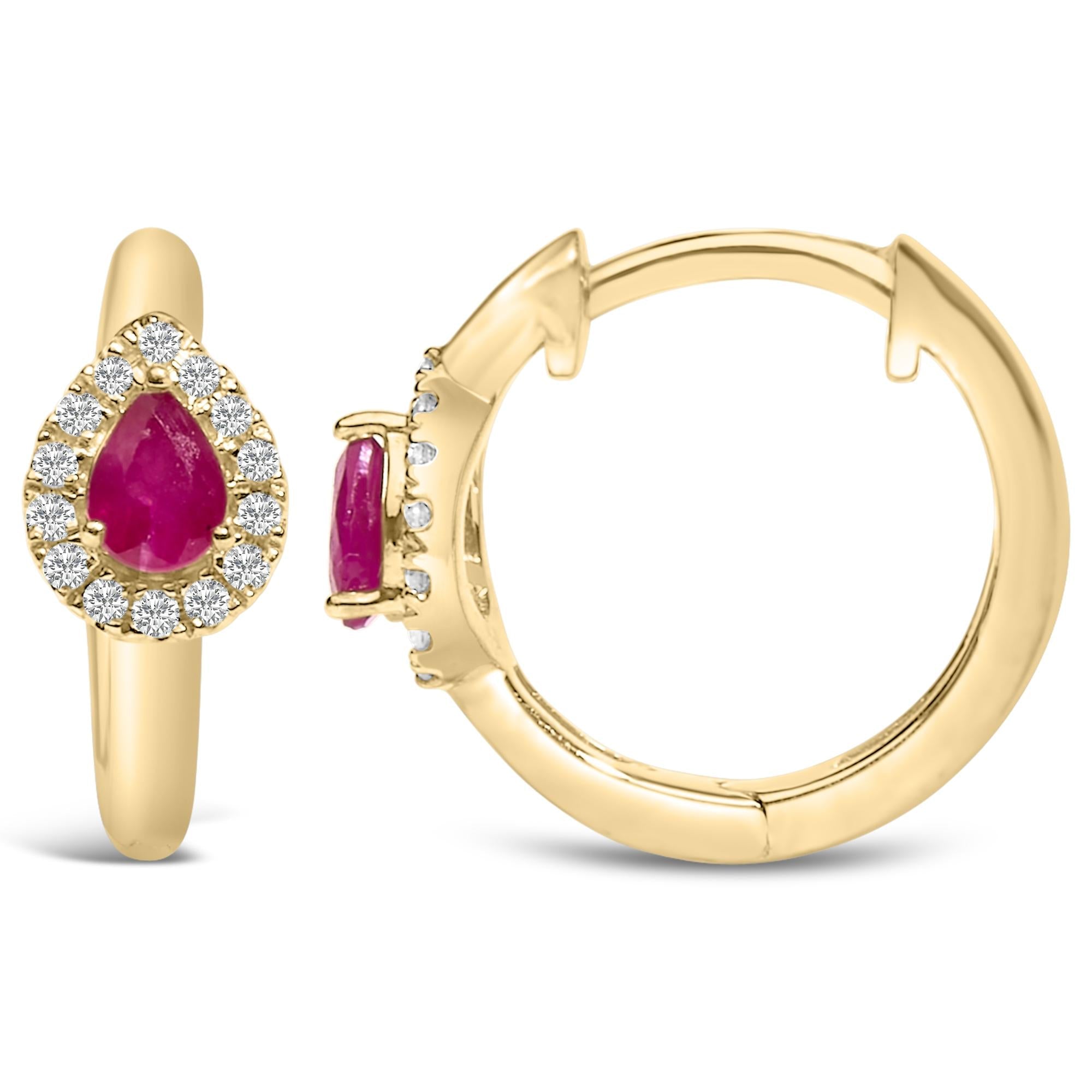 10K Yellow Gold Pear Cut Red Ruby 4x3 mm and 1/10 Cttw Round Diamond Huggy Earrings (I-J Color, I1-I2 Clarity) - Friggin Jewelry