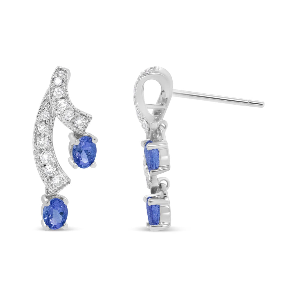 14K White Gold 4x3MM Oval Shaped Natural Blue Tanzanite Gemstone and 1/5 Cttw Diamond Double 3/4" Inch Drop Stud Earrings (H-I Color, VS1-VS2 Clarity) - Friggin Jewelry