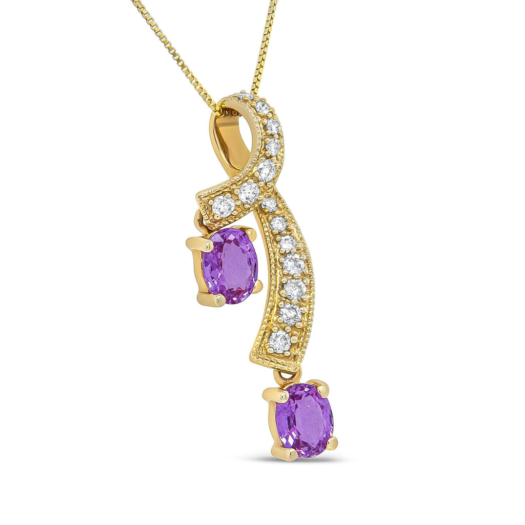 Collana con ciondolo in oro giallo 14 carati con zaffiro rosa ovale da 6x4 mm e diamante rotondo da 1/5 carati - (colore HI, purezza SI1-SI2) - Friggin Jewelry