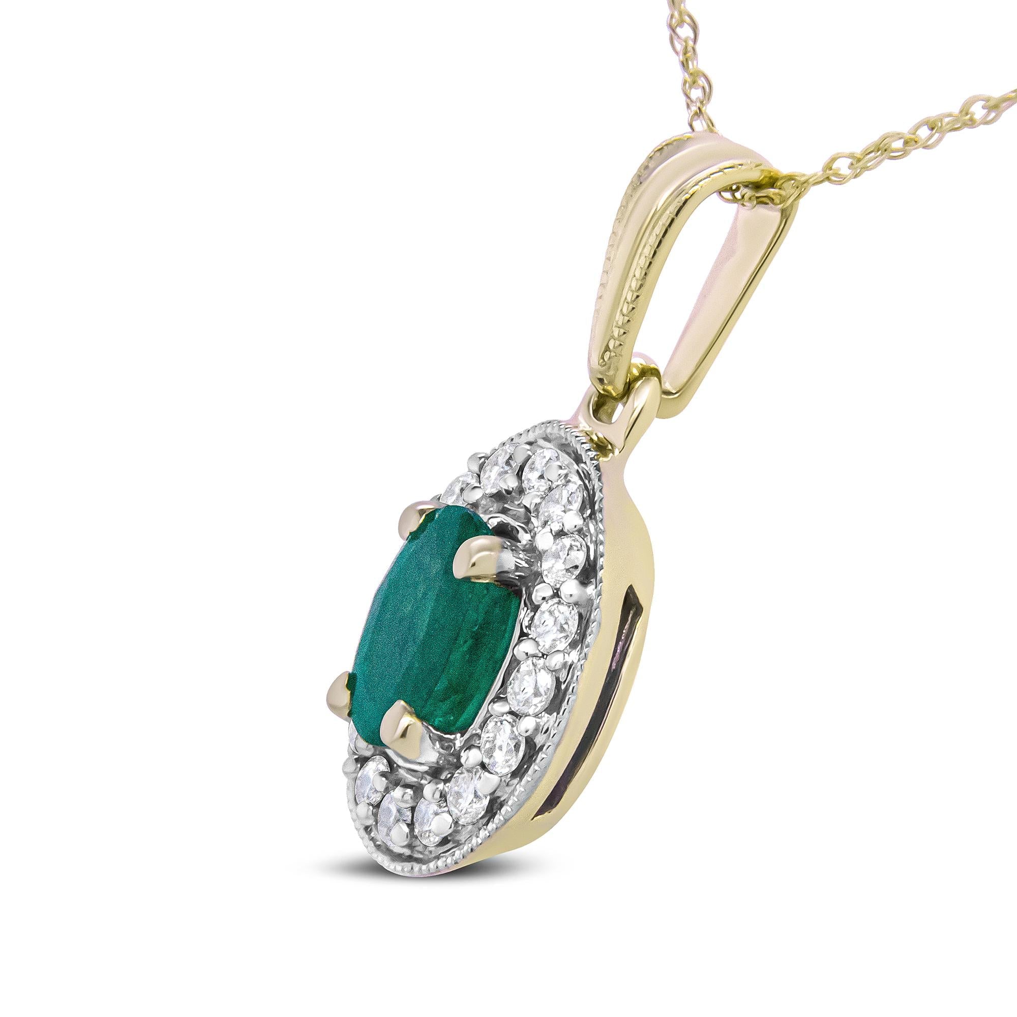 14K Yellow Gold 6x4mm Emerald and 1/5 Cttw Round Diamond Halo Pendant 18" Necklace - (H-I Color, SI1-SI2 Clarity) - Friggin Jewelry