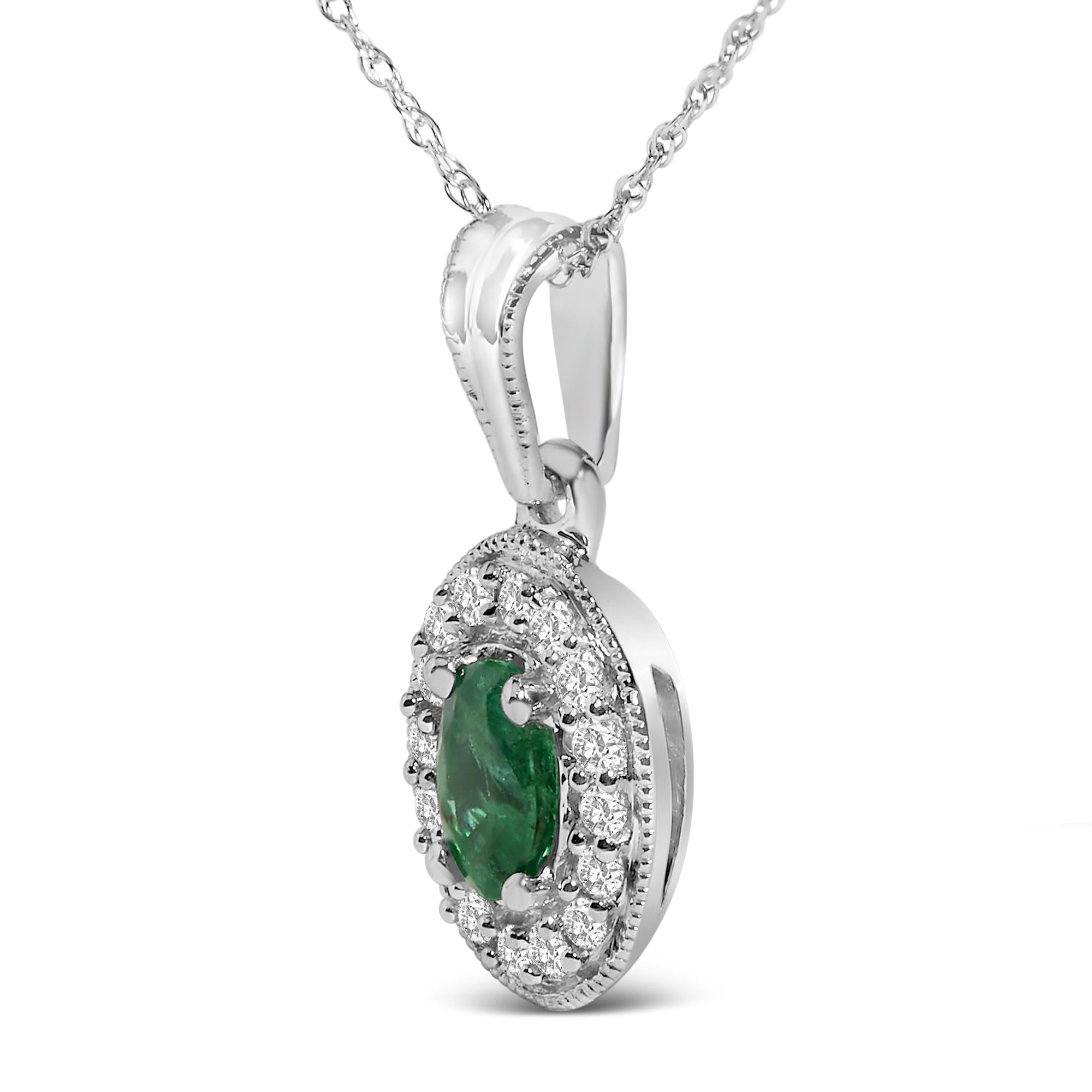 14K White Gold Oval 6x4 MM Green Emerald and Diamond Halo Pendant Necklace - 18 inch - Friggin Jewelry