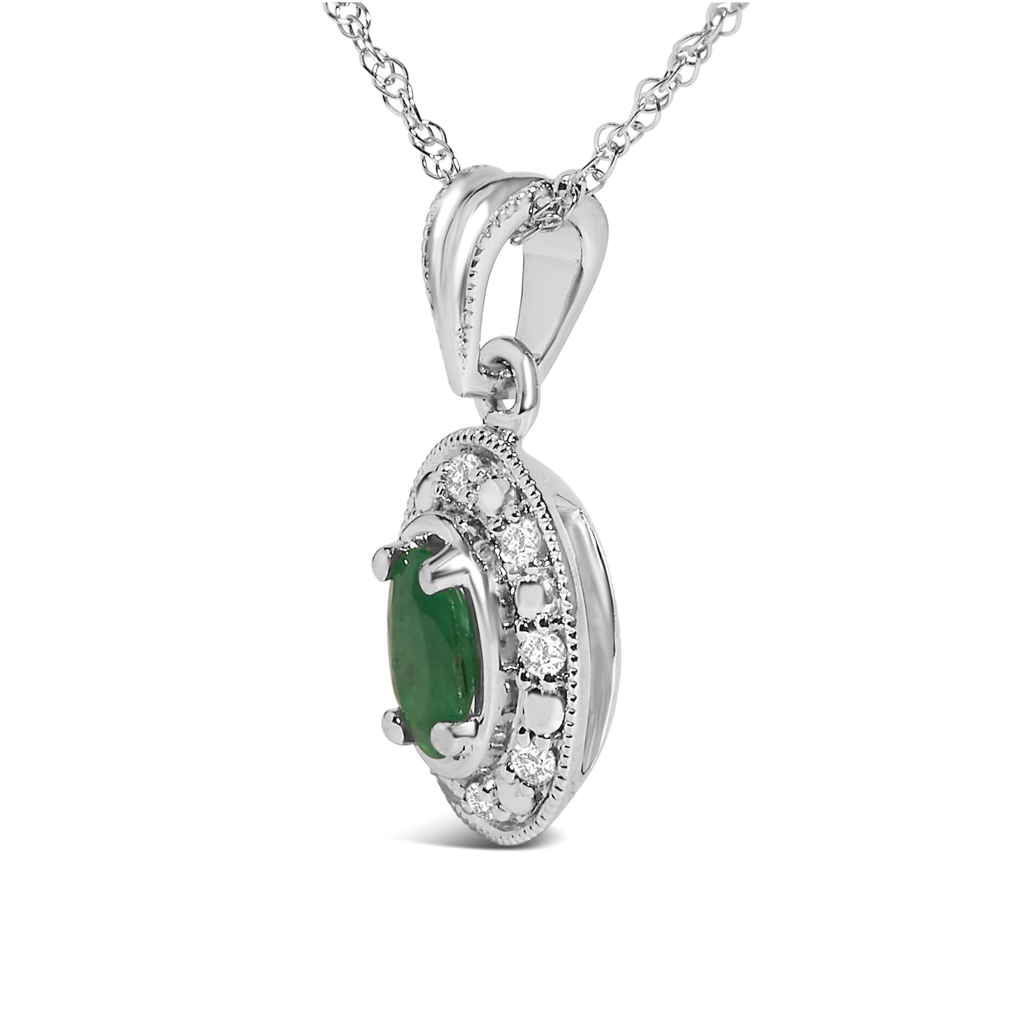 14K White Gold Oval Green Emerald and Diamond Halo Pendant Necklace - 18" Inches - Friggin Jewelry
