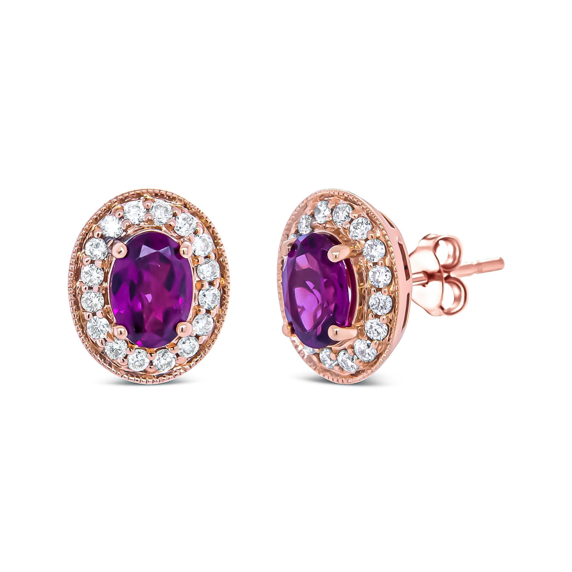14K Rose Gold 7x5mm Oval Cut Garnet and 3/8 Cttw Round Diamond Halo Stud Earrings (G-H Color, SI1-SI2 Clarity) - Friggin Jewelry