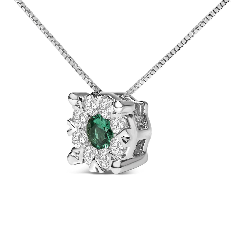 14K White Gold 3.8 MM Green Emerald and 1/3 Cttw Diamond Composite Halo 18" Pendant Necklace (F-G Color, VS2-SI1 Clarity) - Friggin Jewelry Premium