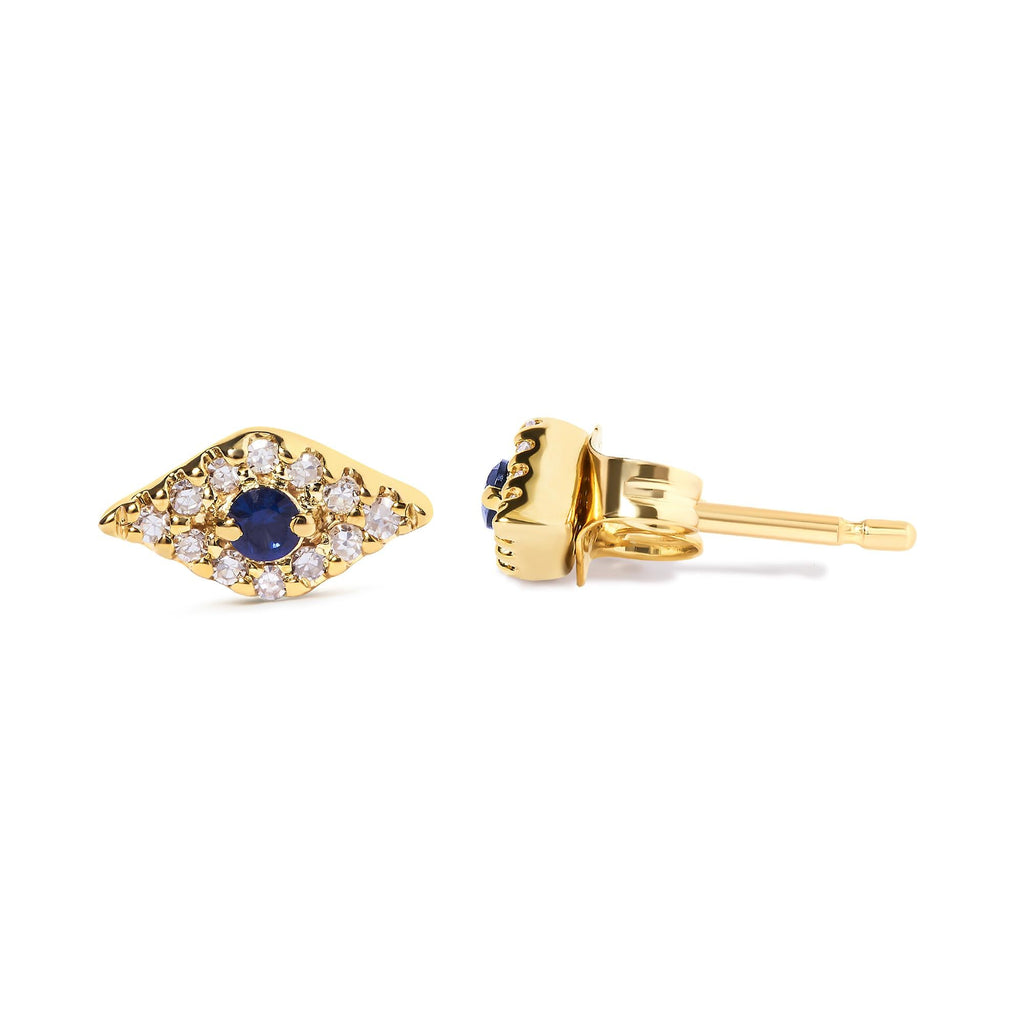 10K Yellow Gold Blue Sapphire and Diamond Accent Evil Eye Stud Earring (H-I Color, I1-I2 Clarity) - Friggin Jewelry