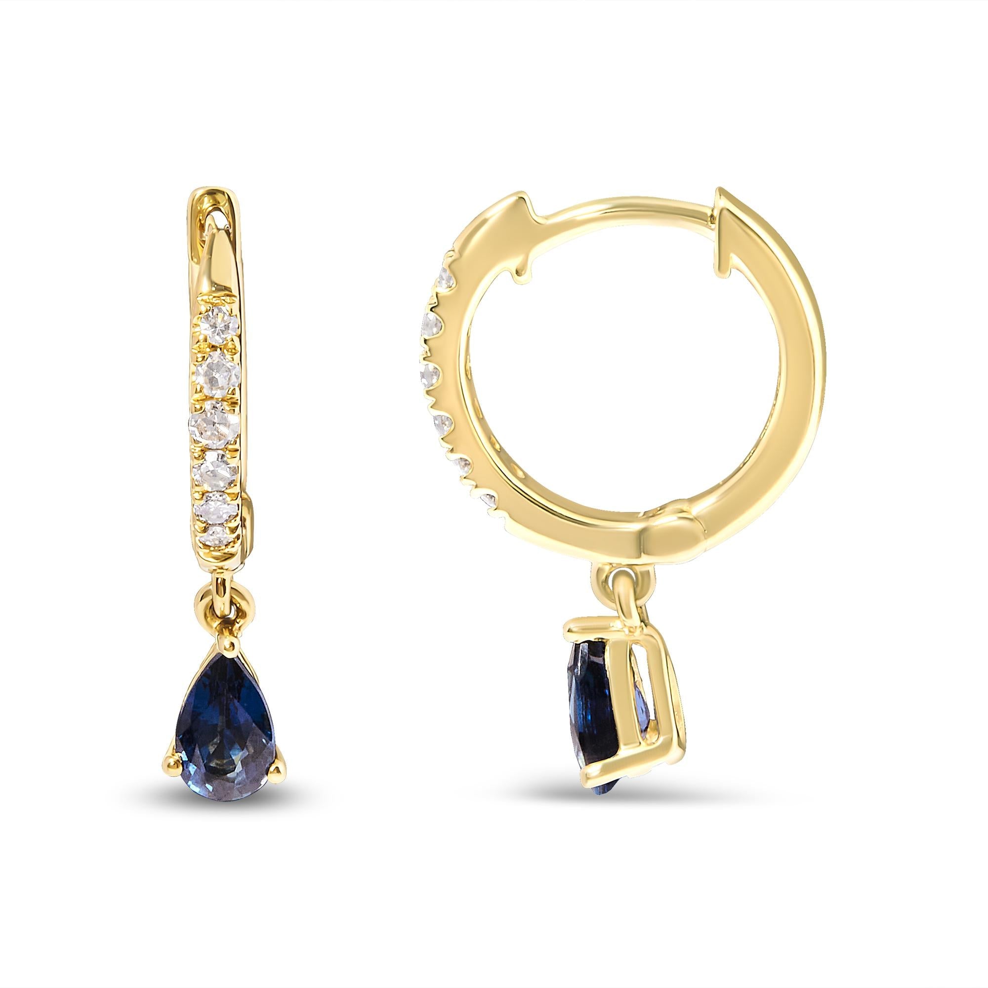 10K Yellow Gold Pear Blue Sapphire and 1/10 Cttw Diamond Drop and Dangle Huggie Hoop Earrings (H-I Color, I1-I2 Clarity) - Friggin Jewelry