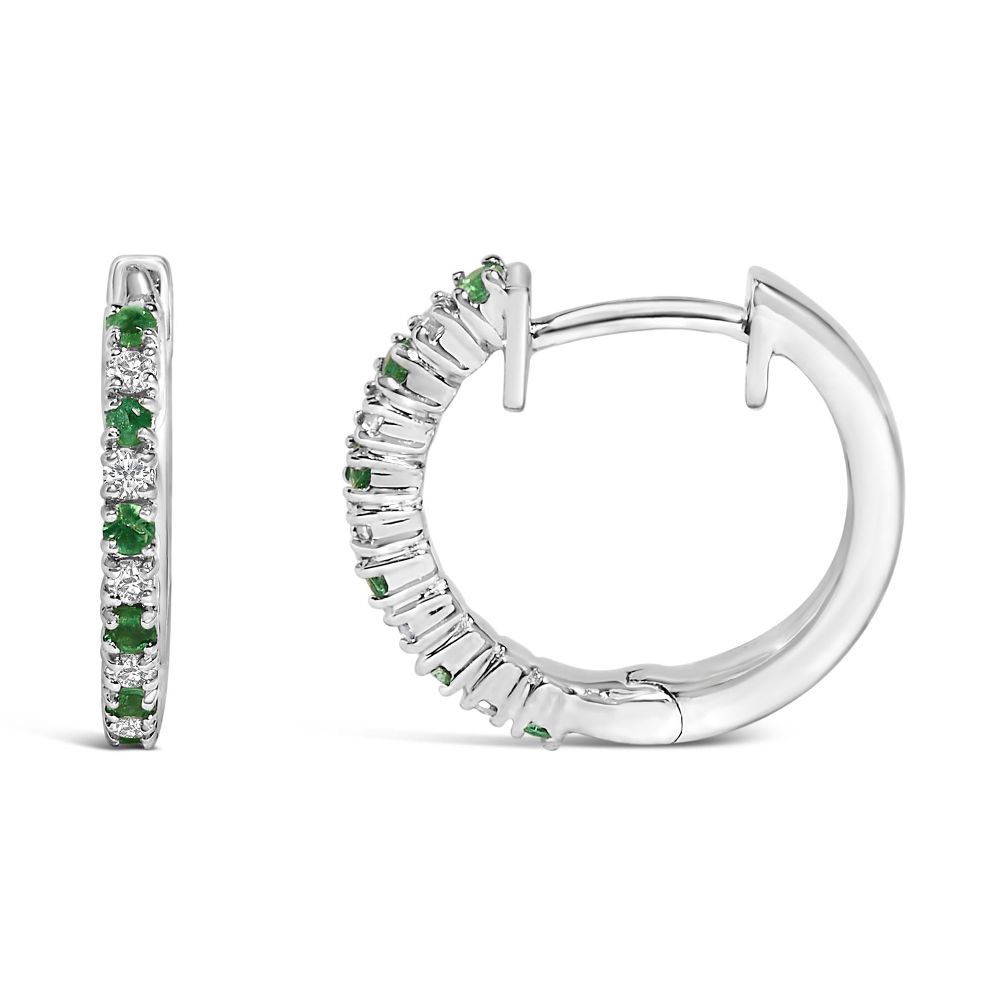10K White Gold Alternating Emerald 1/10 Cttw Diamond Huggy Hoop Earrings (I-J Color, I1-I2 Clarity) - Friggin Jewelry