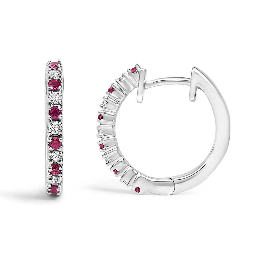 10K Gold Alternating Diamond and Red Ruby Huggy Hoop Earrings - Friggin Jewelry