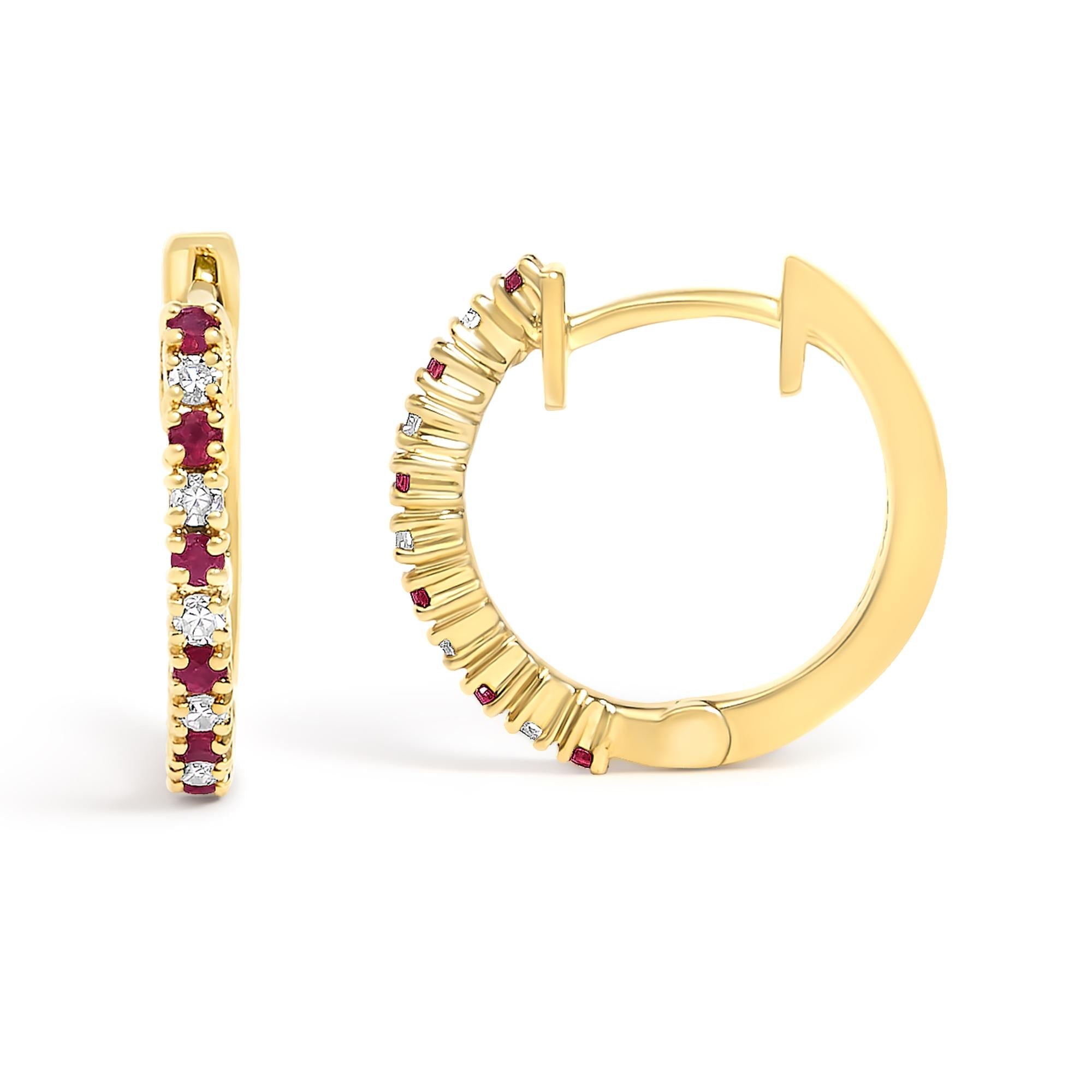 10K Gold Alternating Diamond and Red Ruby Huggy Hoop Earrings - Friggin Jewelry