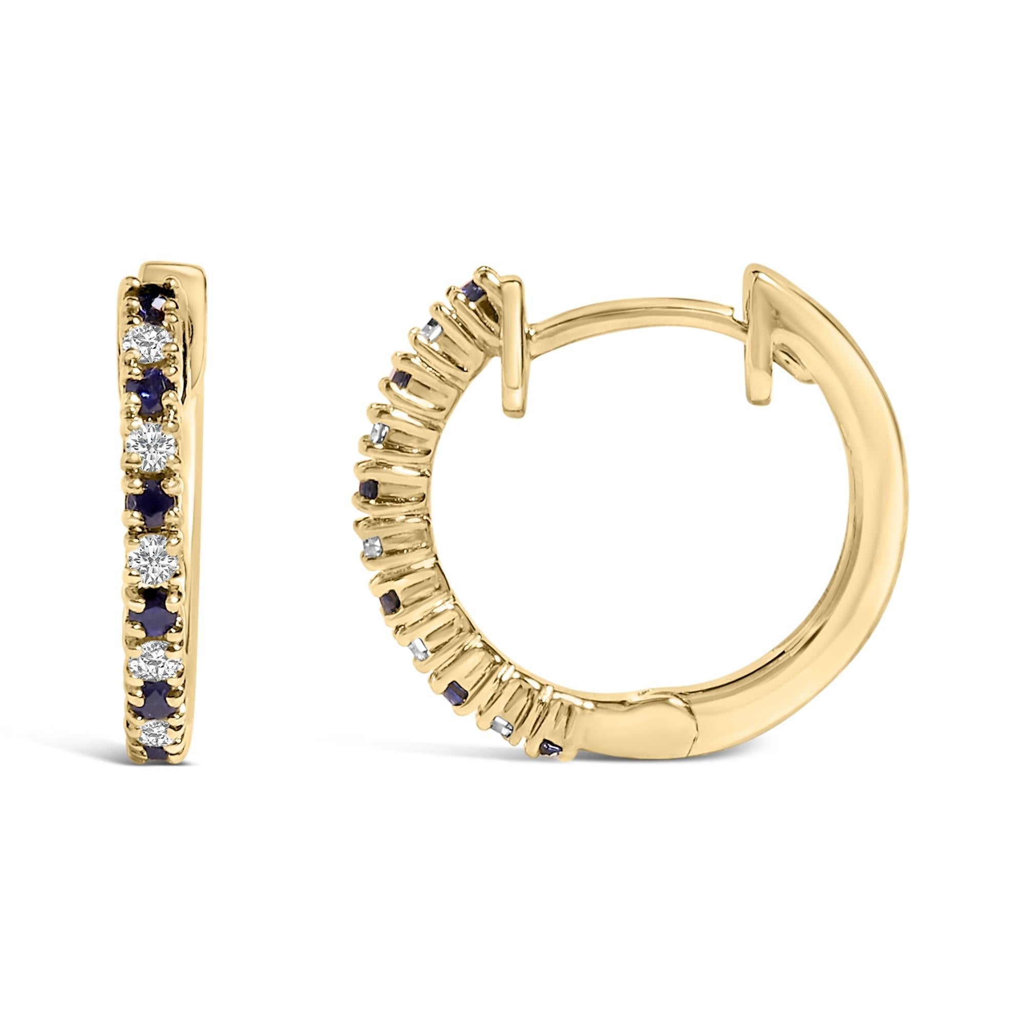 10K Yellow Gold Alternating Blue Sapphire 1/10 Cttw Diamond Huggy Hoop Earrings  (I-J Color, I1-I2 Clarity) - Friggin Jewelry
