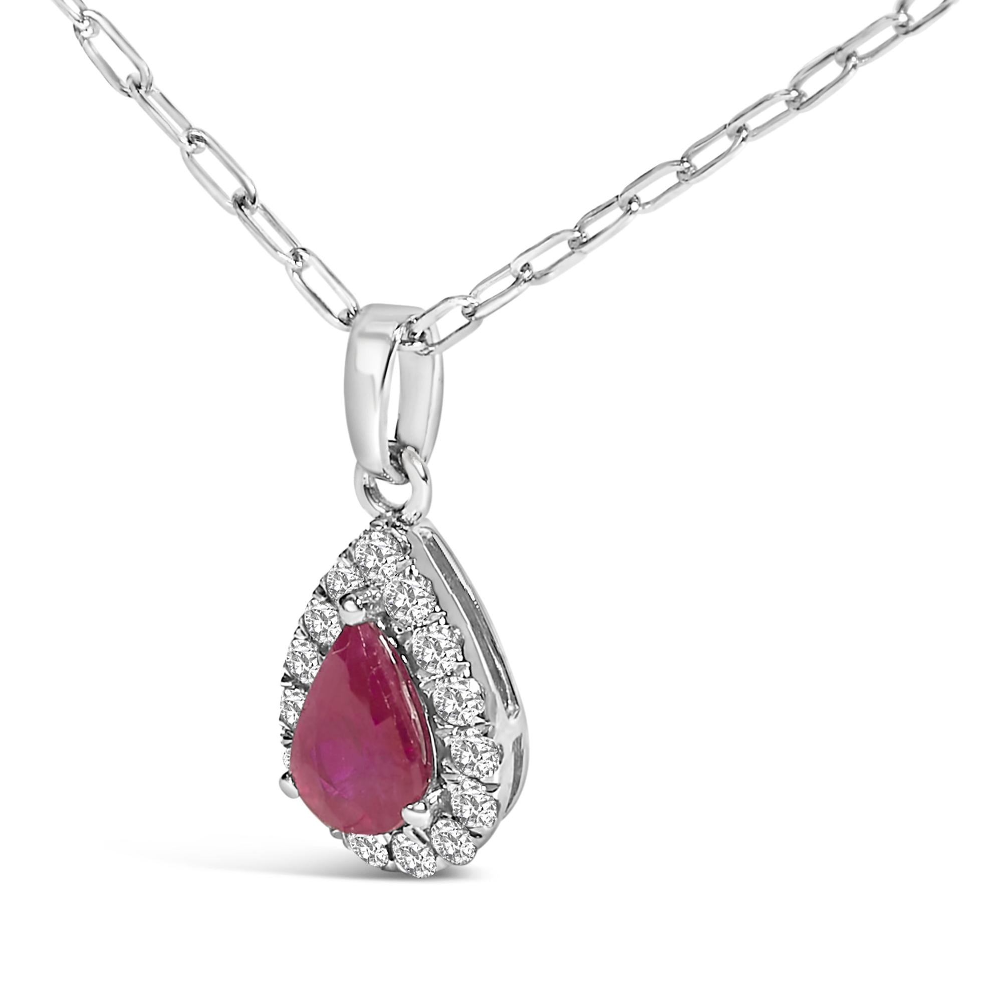 14K White Gold 6x4 Pear Red Ruby and Diamond Halo Pendant Necklace - 18" Inches - Friggin Jewelry