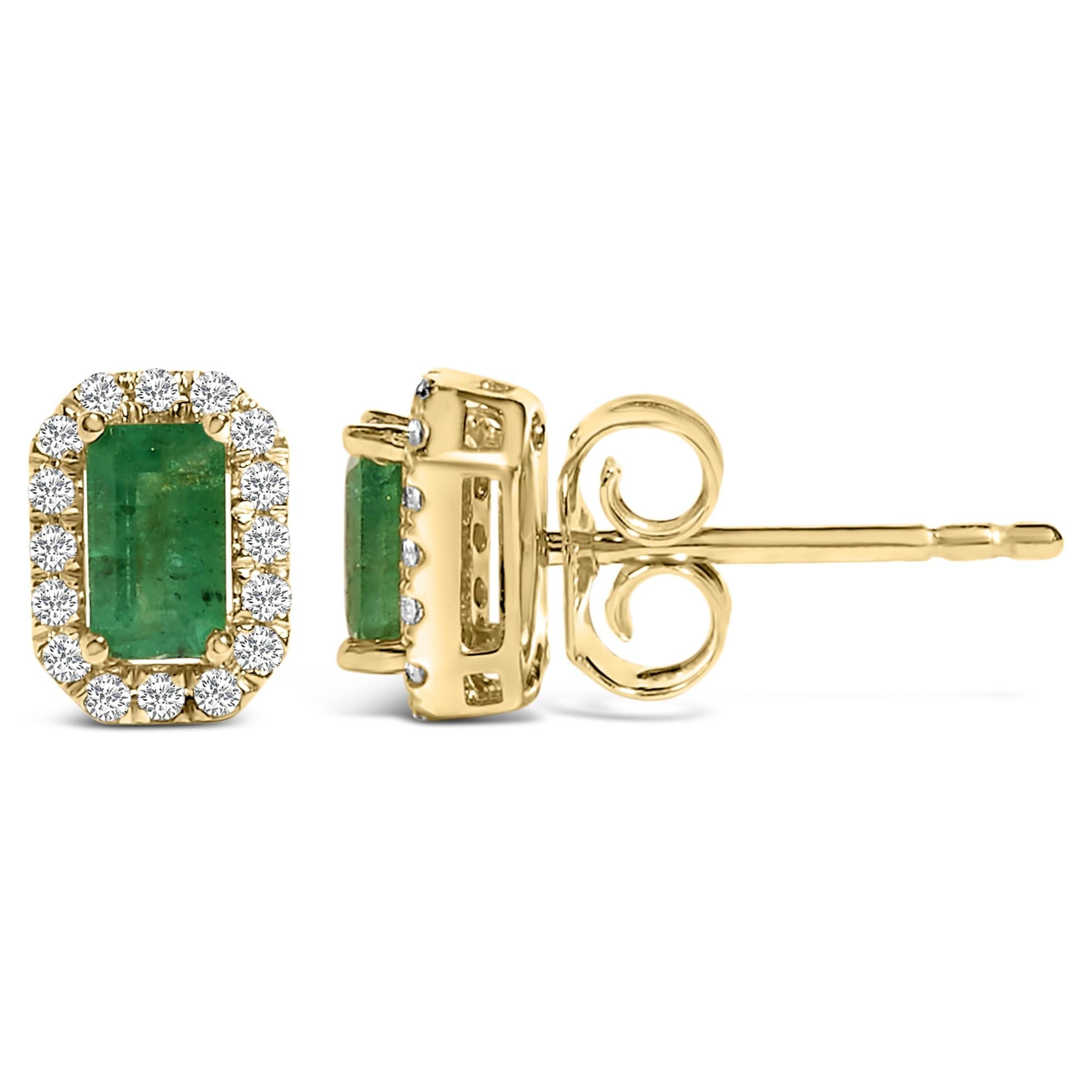 14K Yellow Gold Green Emerald and 1/8 Cttw Diamond Halo Octagonal Shaped Stud Earrings  (I-J Color, I1-I2 Clarity) - Friggin Jewelry