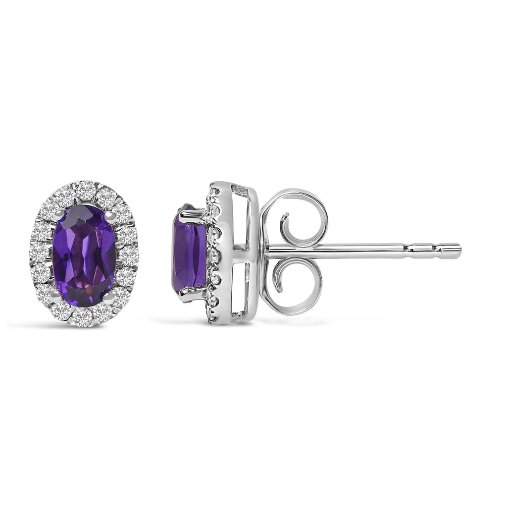 Orecchini a bottone con alone di diamanti e pietra portafortuna taglio ovale da 5x3 mm in oro bianco 10 carati (colore IJ, purezza I1-I2) - Friggin Jewelry