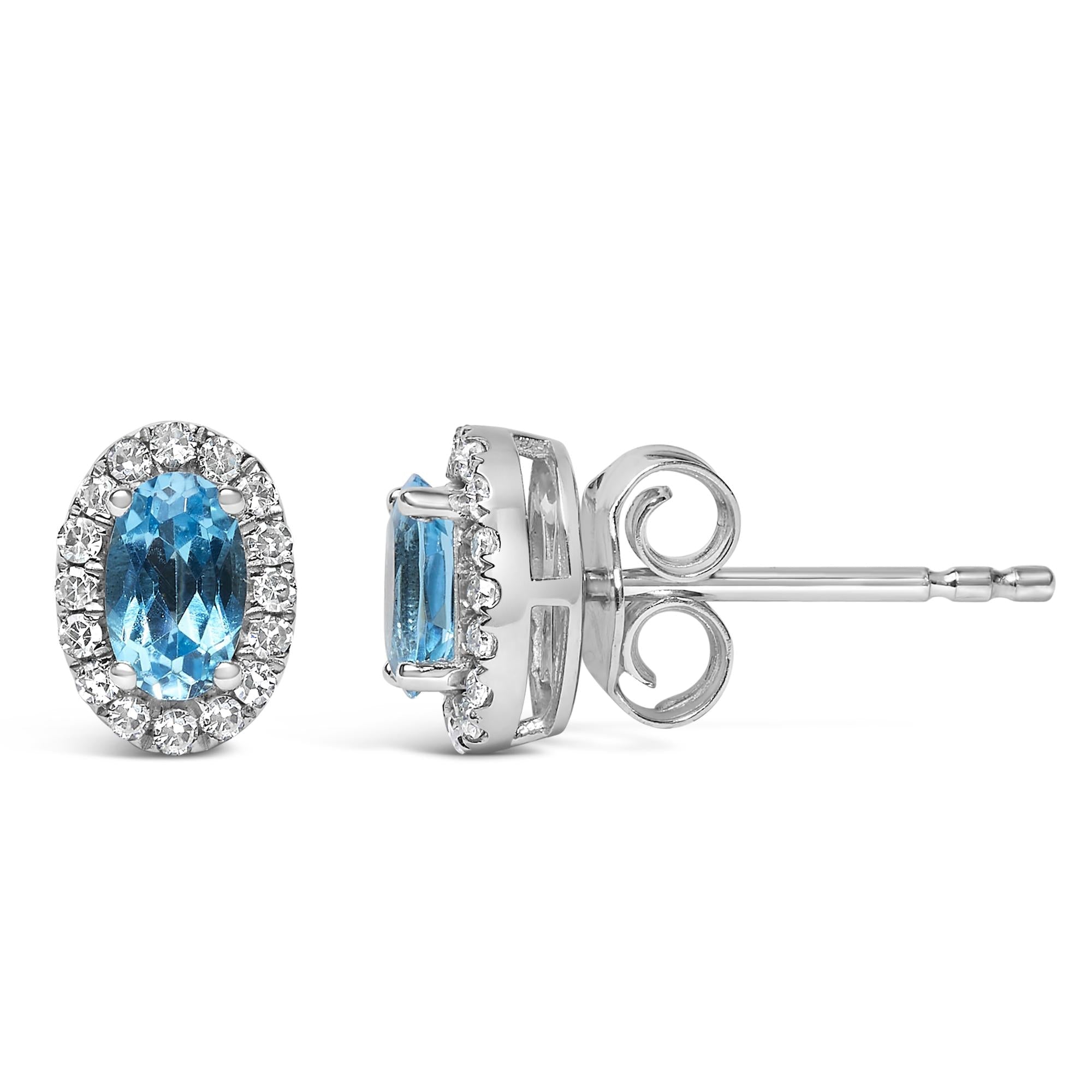 Orecchini a bottone con alone di diamanti e pietra portafortuna taglio ovale da 5x3 mm in oro bianco 10 carati (colore IJ, purezza I1-I2) - Friggin Jewelry