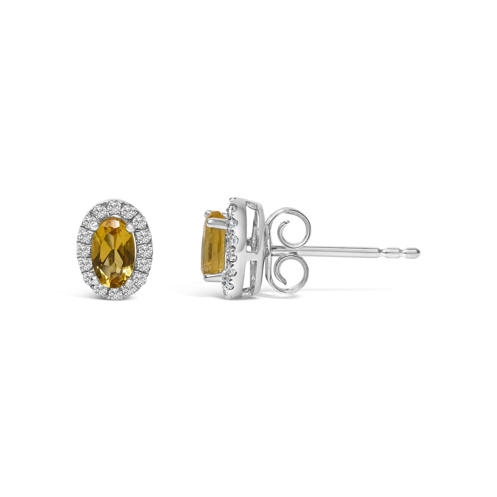 Orecchini a bottone con alone di diamanti e pietra portafortuna taglio ovale da 5x3 mm in oro bianco 10 carati (colore IJ, purezza I1-I2) - Friggin Jewelry