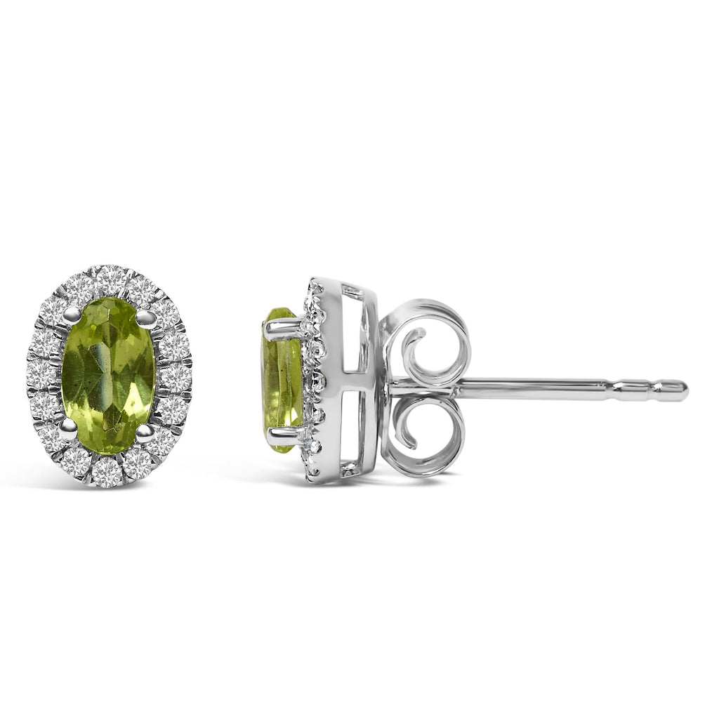 Orecchini a bottone con alone di diamanti e pietra portafortuna taglio ovale da 5x3 mm in oro bianco 10 carati (colore IJ, purezza I1-I2) - Friggin Jewelry