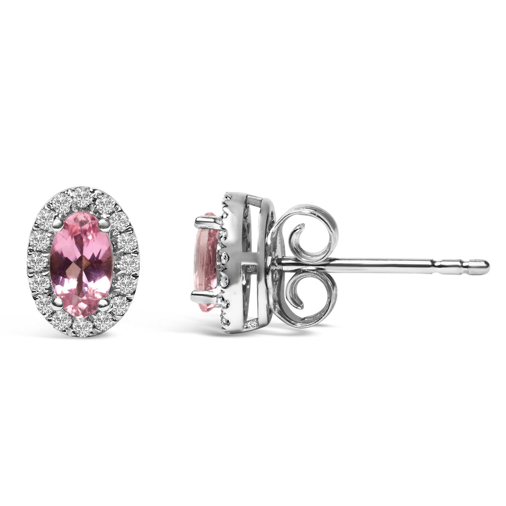 Orecchini a bottone con alone di diamanti e pietra portafortuna taglio ovale da 5x3 mm in oro bianco 10 carati (colore IJ, purezza I1-I2) - Friggin Jewelry