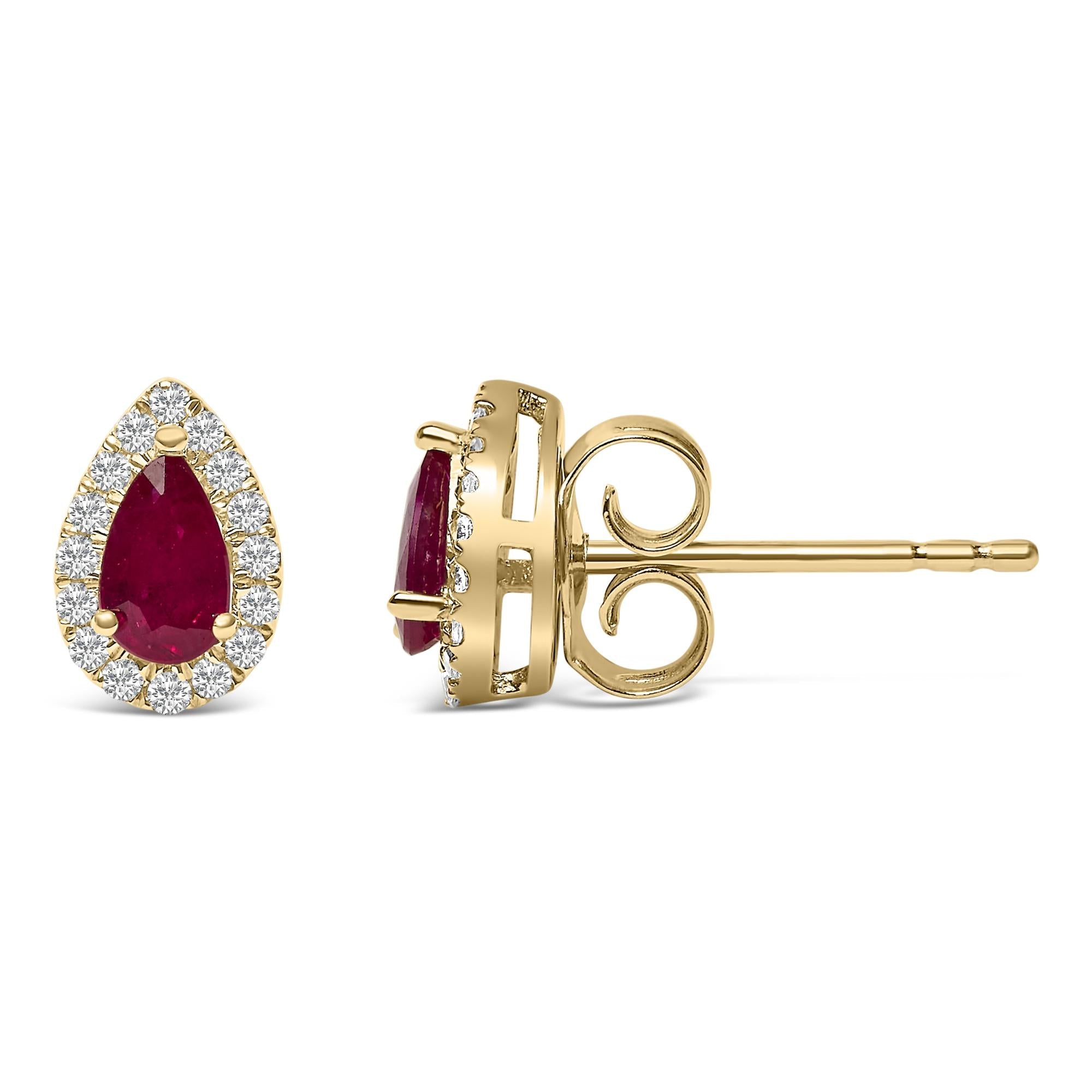 10K Yellow Gold 5X3 MM Pear-Cut Ruby and 1/7 Cttw Diamond Halo Stud Earrings (I-J Color, I1-I2 Clarity) - Friggin Jewelry