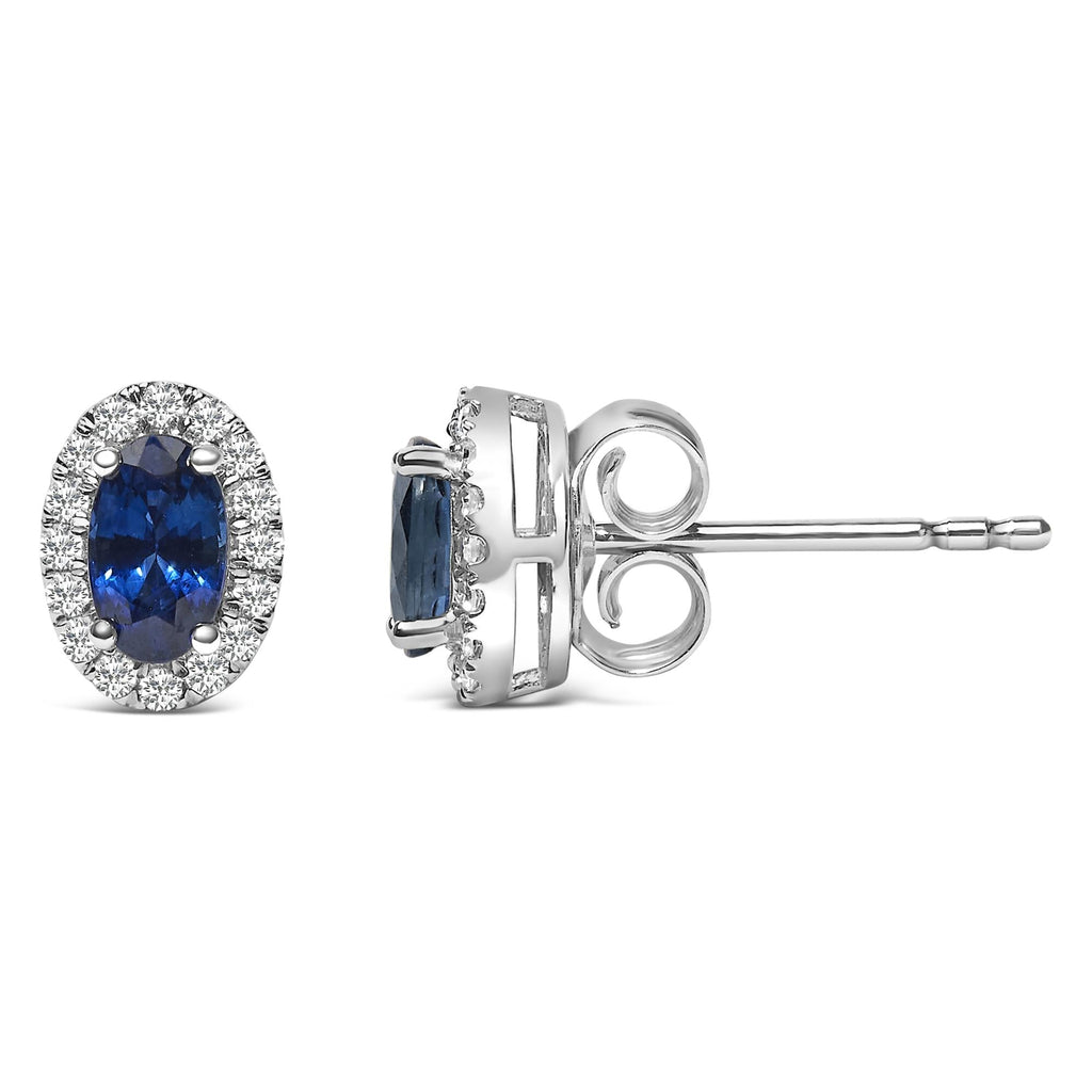 Orecchini a bottone con alone di diamanti e pietra portafortuna taglio ovale da 5x3 mm in oro bianco 10 carati (colore IJ, purezza I1-I2) - Friggin Jewelry