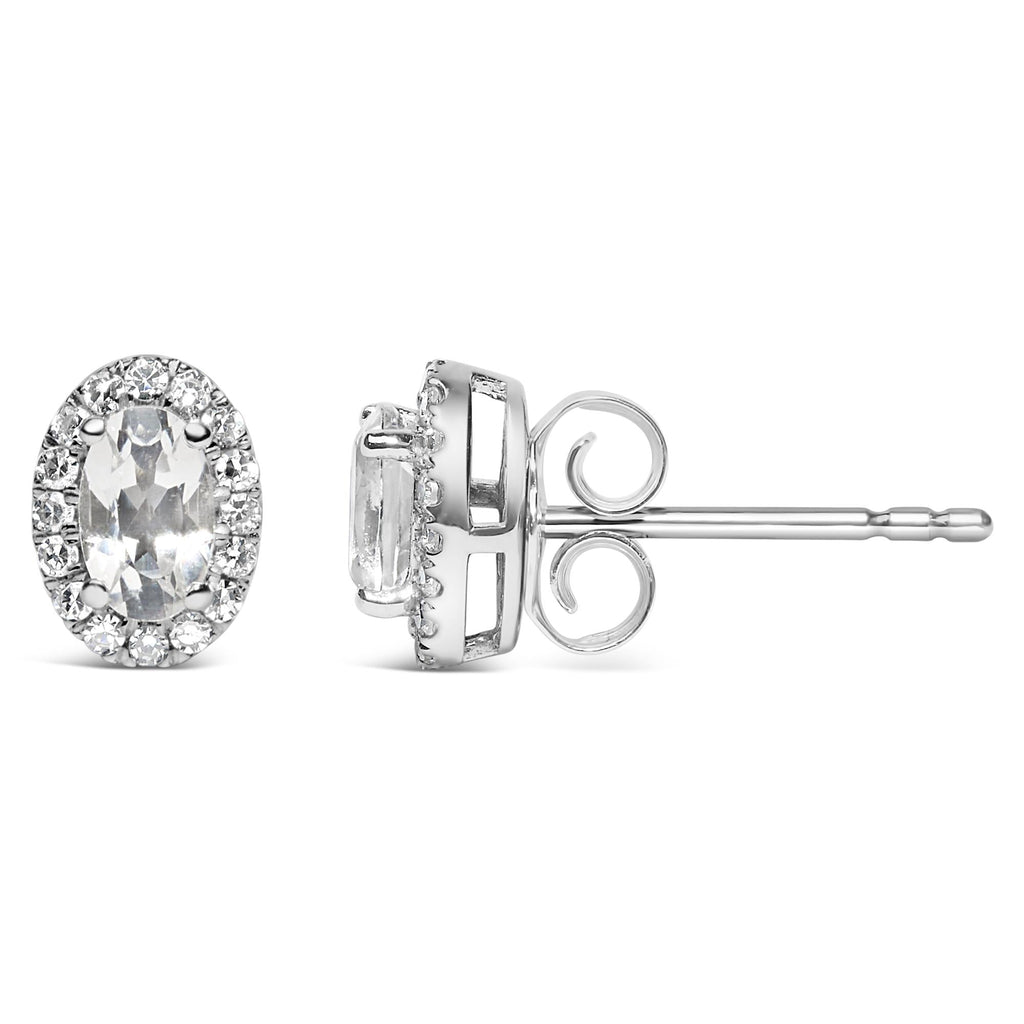 Orecchini a bottone con alone di diamanti e pietra portafortuna taglio ovale da 5x3 mm in oro bianco 10 carati (colore IJ, purezza I1-I2) - Friggin Jewelry