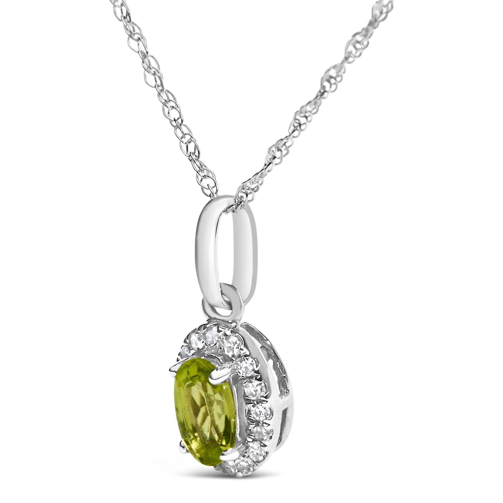 10K White Gold 5x3mm Gemstone and Diamond Accent Halo Oval Shape 18" Pendant Necklace (I-J Color, I1-I2 Clarity) - Friggin Jewelry