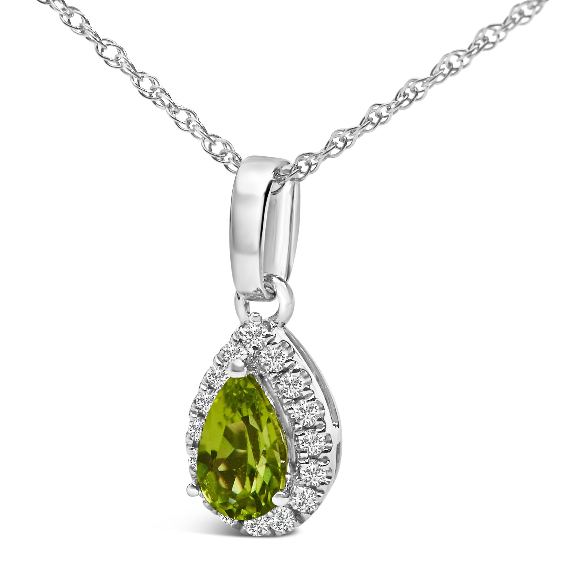 10K White Gold 5x3mm Gemstone and Diamond Accent Halo Pear Shape 18" Pendant Necklace (I-J Color, I1-I2 Clarity) - Friggin Jewelry