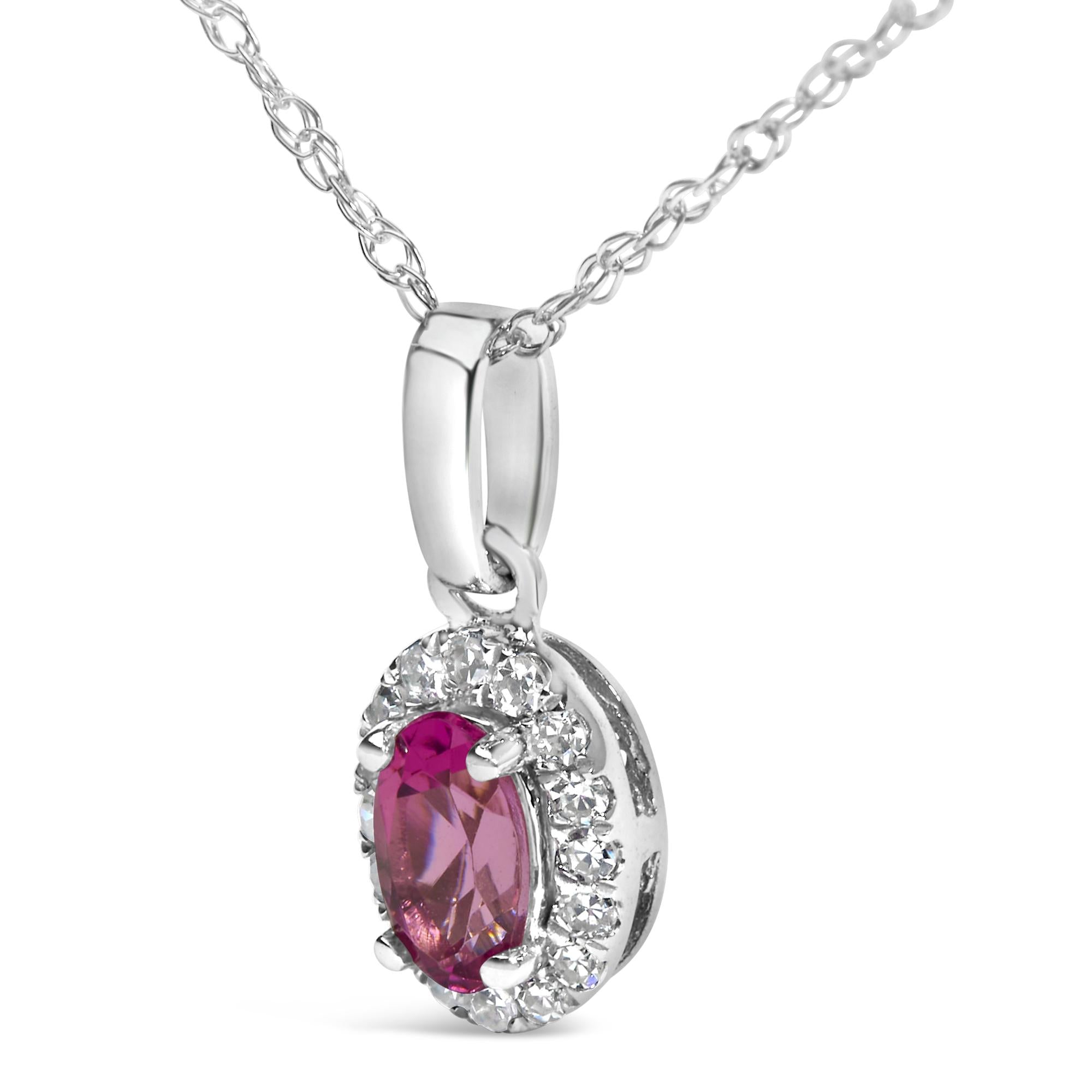 10K White Gold 5x3mm Gemstone and Diamond Accent Halo Oval Shape 18" Pendant Necklace (I-J Color, I1-I2 Clarity) - Friggin Jewelry